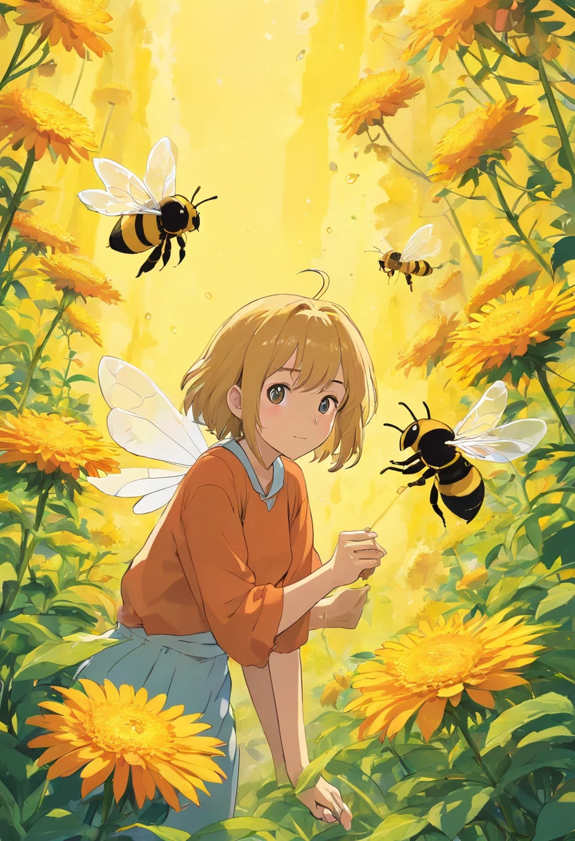 Erstellen Sie eine Illustration, in dem sich bienen an Honigglas laben. Stellen Sie sich diese bienen vor, die den honig mit ihren winzigen Beinen halten und es begeistert verschlingen, (honig), (bienen)