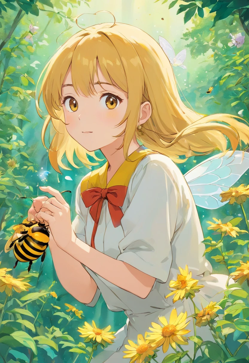 Erstellen Sie eine Illustration, in dem sich bienen an Honigglas laben. Stellen Sie sich diese bienen  vor, die den honig mit ihren winzigen Beinen halten und es begeistert verschlingen, (honig), (bienen)