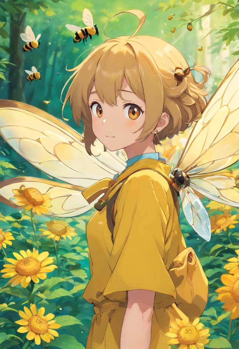 Erstellen Sie eine Illustration, in dem sich bienen an Honigglas laben. Stellen Sie sich diese bienen vor, die den honig mit ihren winzigen Beinen halten und es begeistert verschlingen, (honig), (bienen)