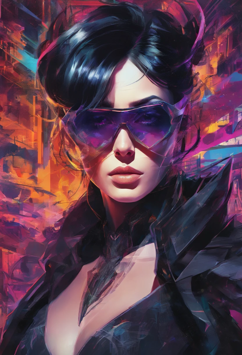 Portrait of an attractive beautiful woman with black hair with gothic costume, (altamente detalhado: 1.2), Hyper-detailed eyes and use of high-tech sunglasses with holographic display 1.2) ,Gorgeous multidimensional geometric wall, Vibrant vivid color coloring,