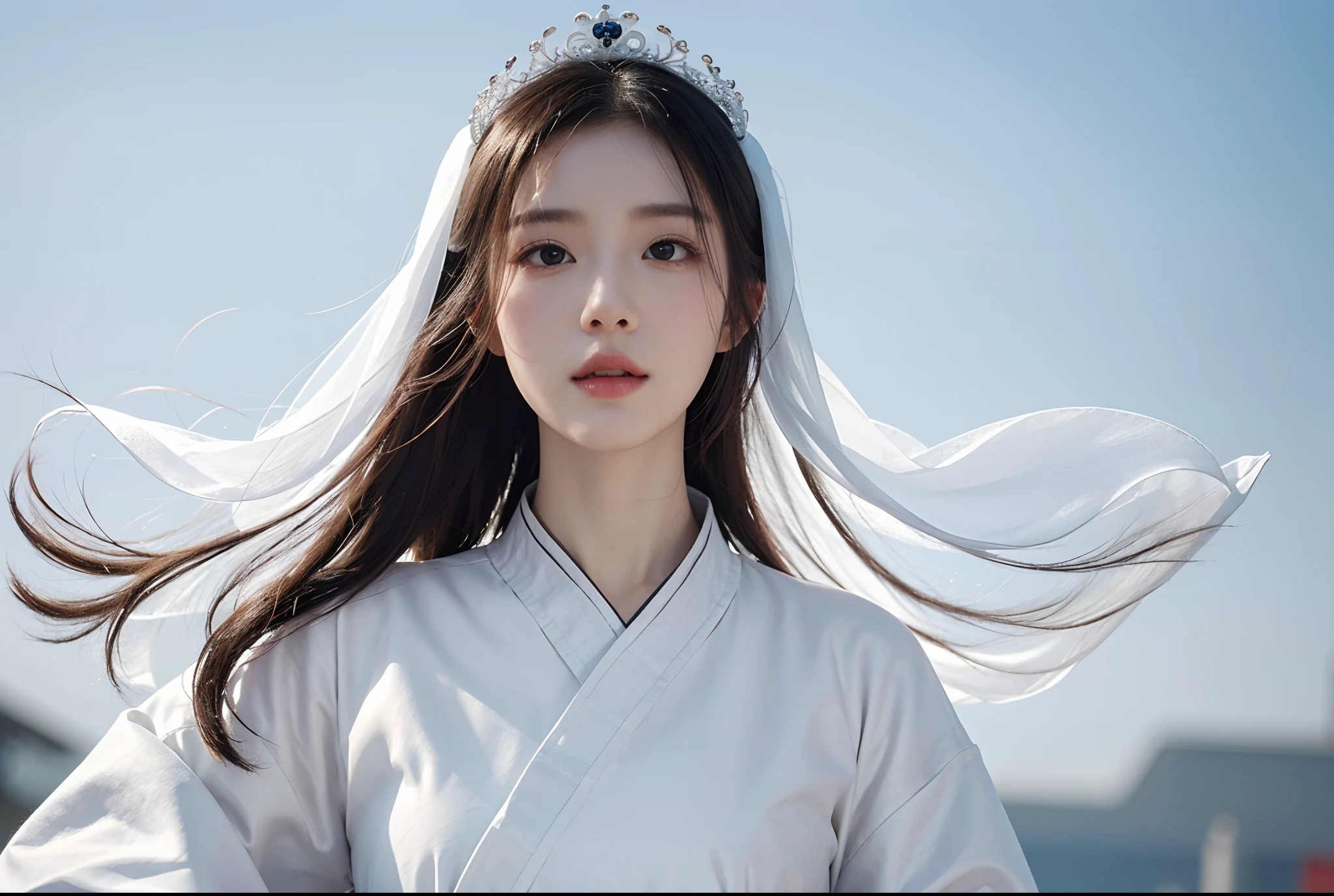 a close up of a woman wearing a white dress and a tiable, white hanfu, inspired by Wu Bin, palace , a girl in hanfu, inspired by Wuzhun Shifan, with white skin, white porcelain skin, white skin, hanfu, with acient chinese clothes, white crown, xision wu, with crown, with white