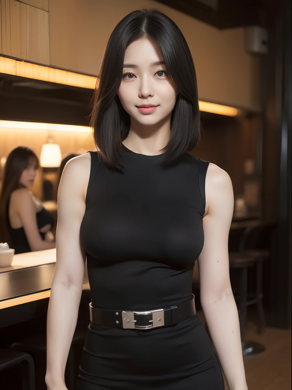 korean girl,one-girl,medium breasts,cleavage, looks into camera,short black hair,bob cut, black eyes, strapless, Red and Black dress, smile, morning light, showing armpit, high heels, earrings, necklace,2D illustration, vector art, 4 guys behind, in the vip night club room, many alcohol