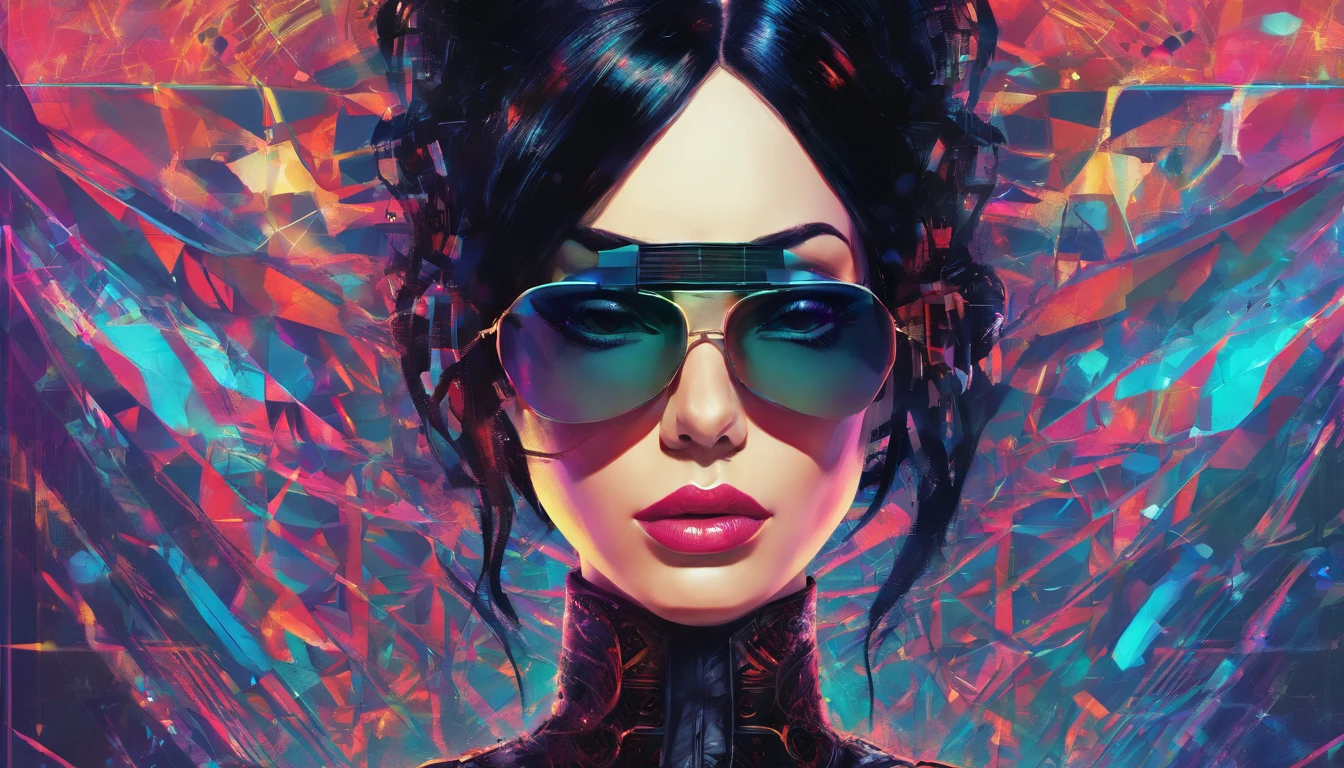 Portrait of an attractive beautiful woman with black hair with gothic costume, (altamente detalhado: 1.2), Hyper-detailed eyes and use of high-tech sunglasses with holographic display 1.2) ,Colorful abstract multidimensional geometric wall