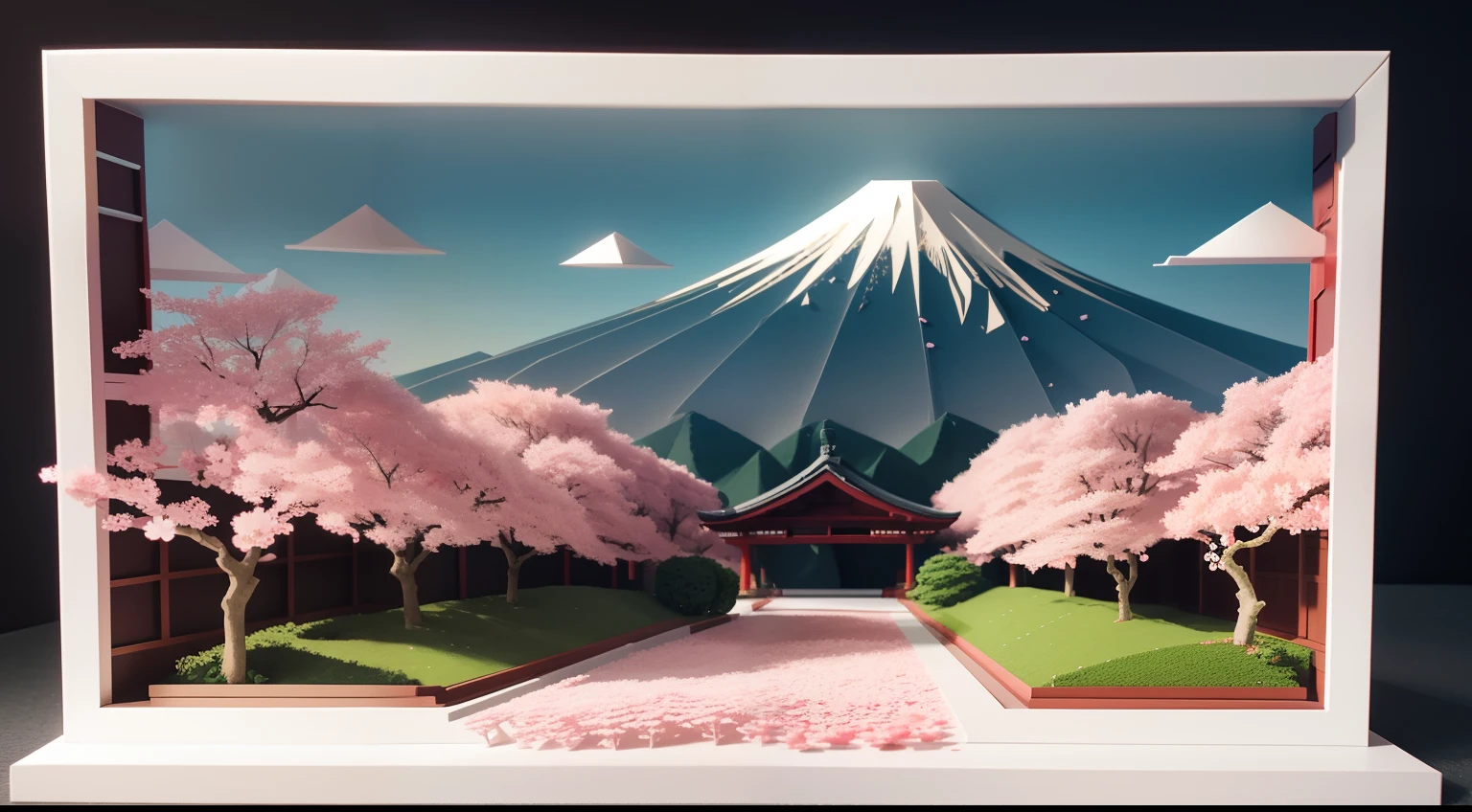 Paper Craft Semi-Three-Dimensional Landscape with Japan Cherry Blossoms