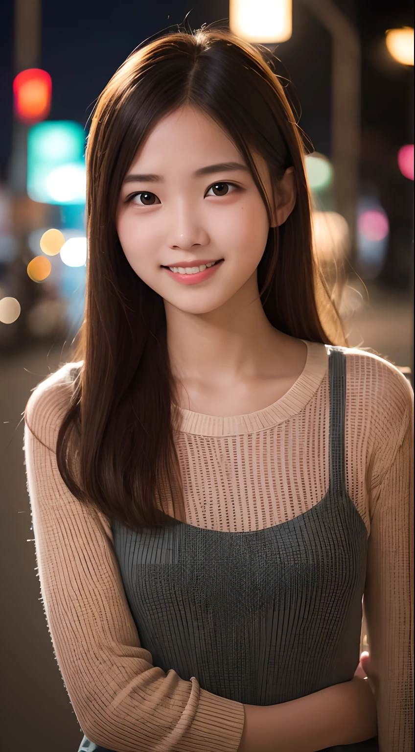 masutepiece, Best Quality, 8K, , Teen, Raw ph absurderes, award winning portrait, Smile, Smile, Solo, Night, neons, Idol face, violaceaess, gardeniass, Delicate girl, Upper body, Digital SLR, Looking at Viewer, Candid, Sophisticated, zora々Right, Thin arms, Professional Lighting, Film grain, chromatic abberation, (Eyes and faces with detailed:1.0), (Bokeh:1.1)