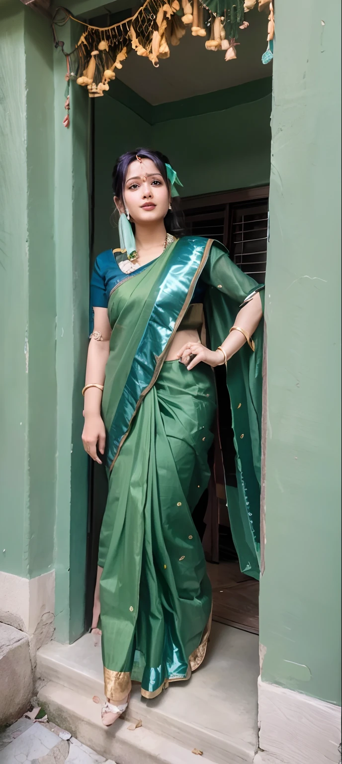 An Indian woman in green sari standing in doorway of a house, blue colored traditional wear, traditional beauty, wearing elaborate green and gold,with lovely look, with a happy expression, portrait, realistic, hyper realistic, 8k