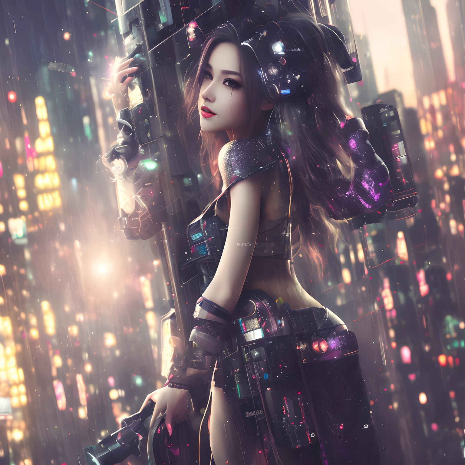Whole body from head to foot、top-quality、1girl in、cyberpunk noir、Holding a gun、Full body image from head to foot、Fluffy long blonde hair、Cyber City、Glitter from behind、Beautiful and slender、