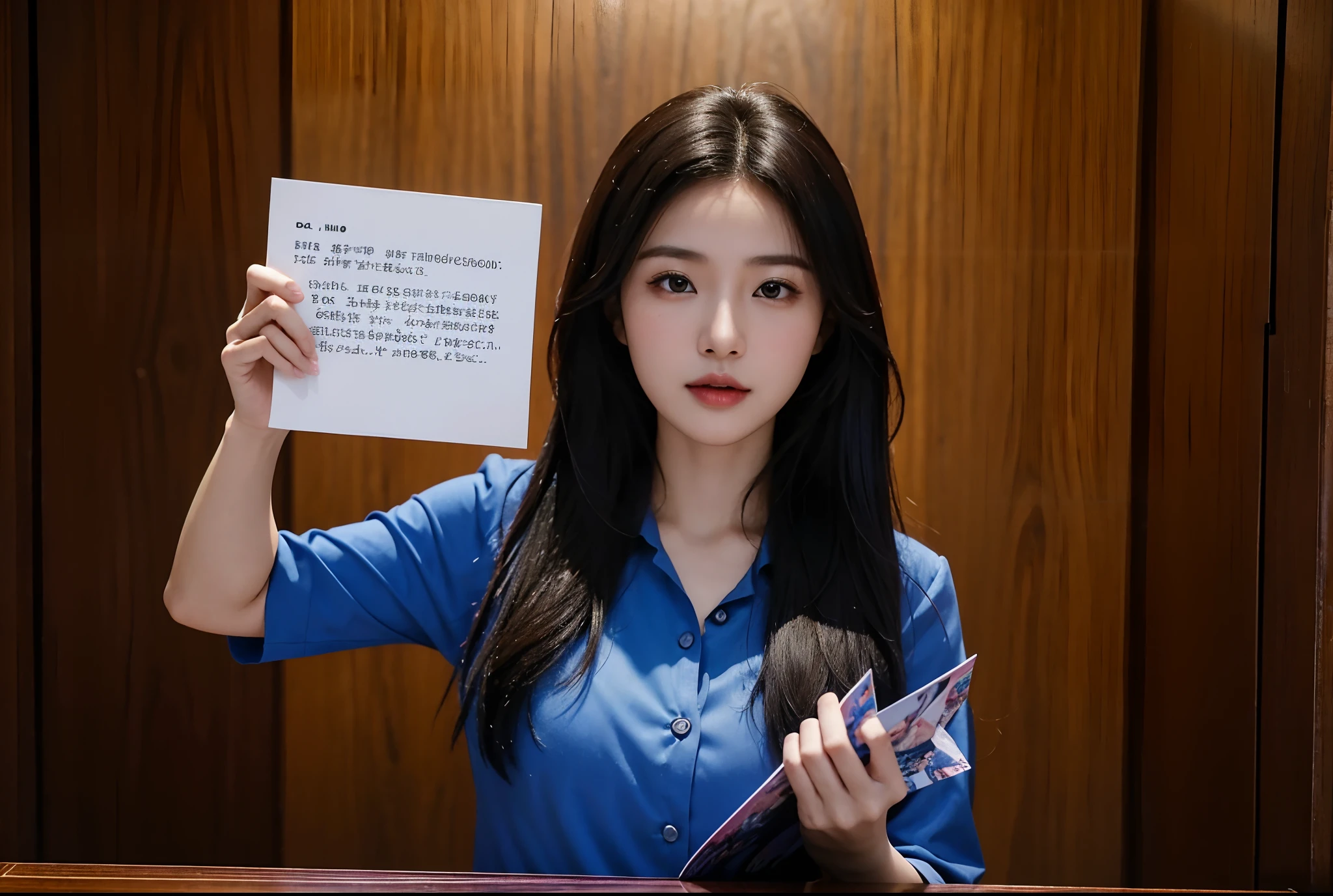 arafed asian woman holding a note with a gift in her hand, joy ang, holding gift, promotional photograph, fanart, promotional picture, inspired by Ni Yuanlu, promo still, promotional portrait, promo shot, promo photograph, promo photo, trading card, promo art, chiho, official artwork, sakimi chan, promo image
