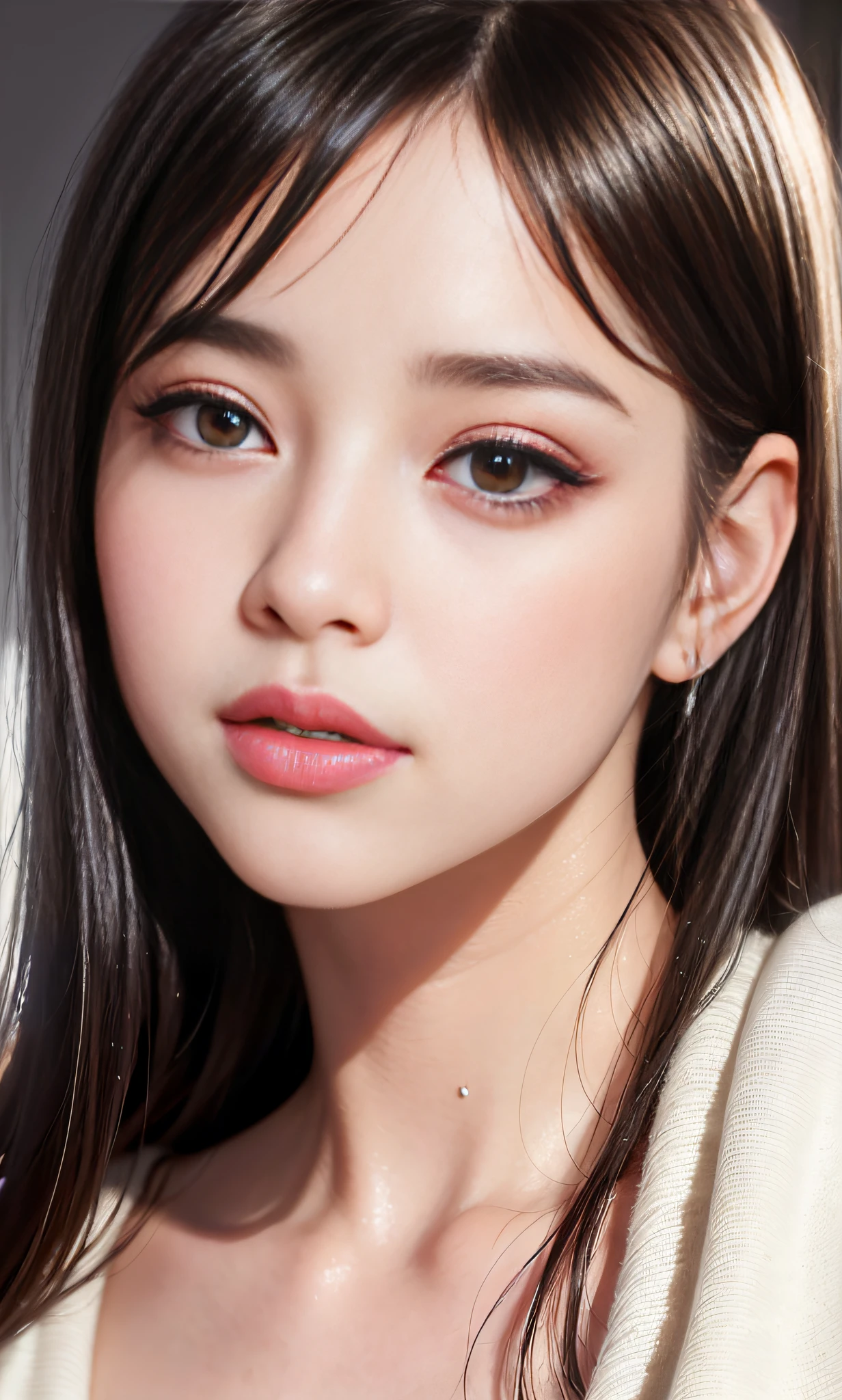 (8k, RAW photo, photorealistic: 1.25), (lip gloss, eyelashes, shiny face, shiny skin, best quality, ultra-high resolution, depth of field, chromatic aberration, caustics, wide range of lighting, Natural shading, Kpop idol) looking at the viewer with a calm and goddess-like happiness,