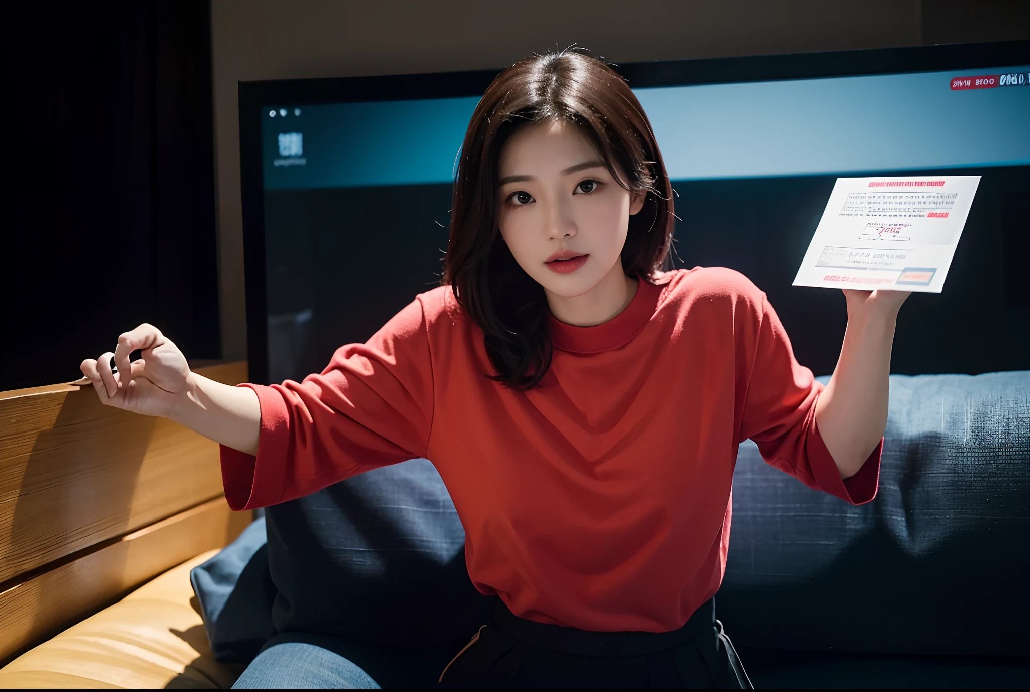 arafed asian woman holding a note with a gift in her hand, joy ang, holding gift, promotional photograph, fanart, promotional picture, inspired by Ni Yuanlu, promo still, promotional portrait, promo shot, promo photograph, promo photo, trading card, promo art, chiho, official artwork, sakimi chan, promo image