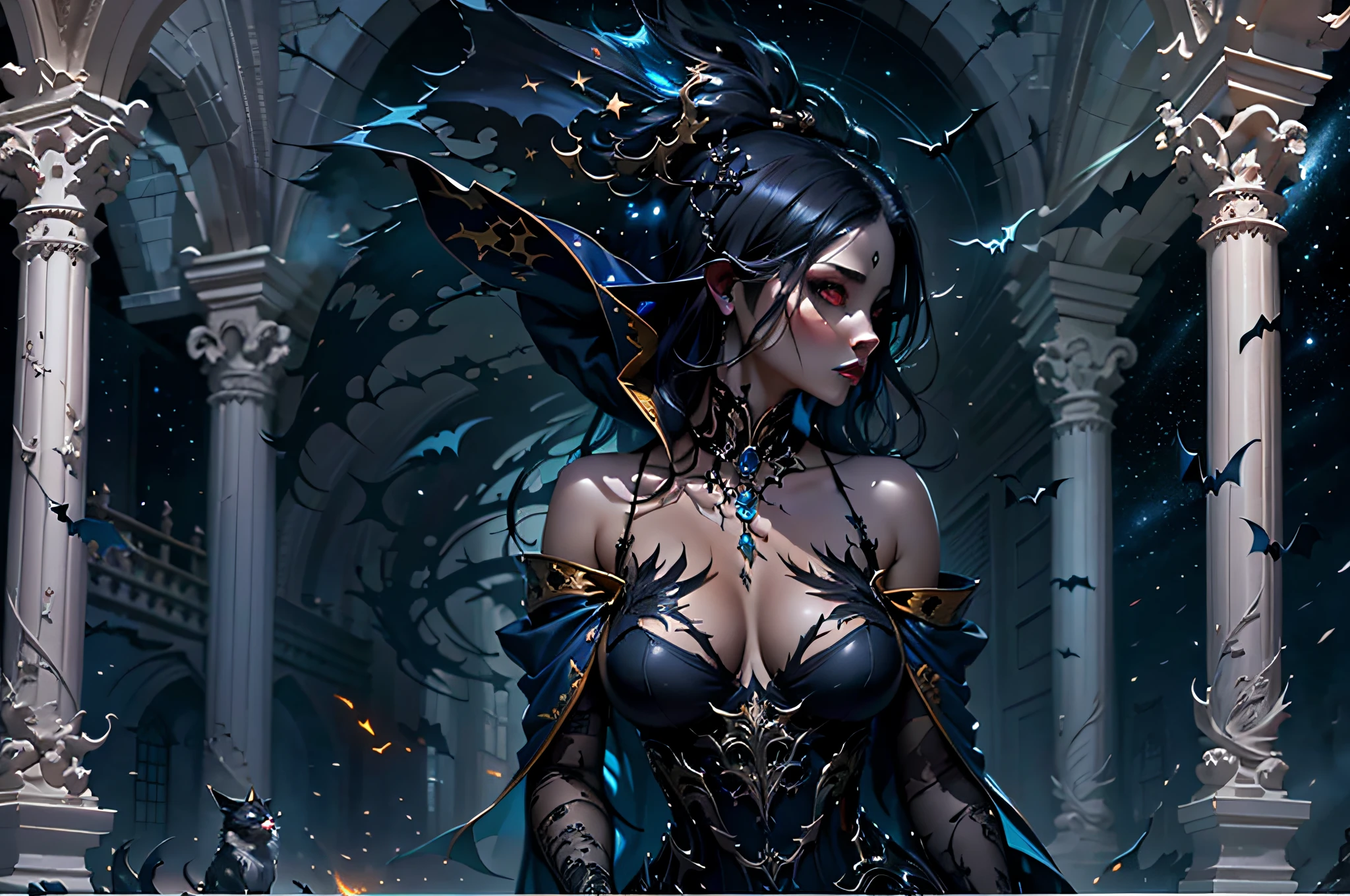 a picture of an exquisite beautiful gothic woman standing under the starry night sky on the porch of her castle, dynamic angle (ultra detailed, Masterpiece, best quality), ultra detailed face (ultra detailed, Masterpiece, best quality), ultra feminine, (black skin: 1.3), black hair, wavy hair, dynamic eyes color, cold eyes, glowing eyes, intense eyes, dark red lips, [fangs: 1.2], wearing white dress (ultra detailed, Masterpiece, best quality), wearing blue cloak (ultra detailed, Masterpiece, best quality), long cloak, flowing cloak (ultra detailed, Masterpiece, best quality), wearing high heeled boots, sky full of stars background, moon, bats flying about, high details, best quality, 8k, [ultra detailed], masterpiece, best quality, (ultra detailed), full body, ultra wide shot, photorealism, dark fantasy art, dark fantasy art, gothic art, many stars, dark fantasy art, gothic art, sense of dread,