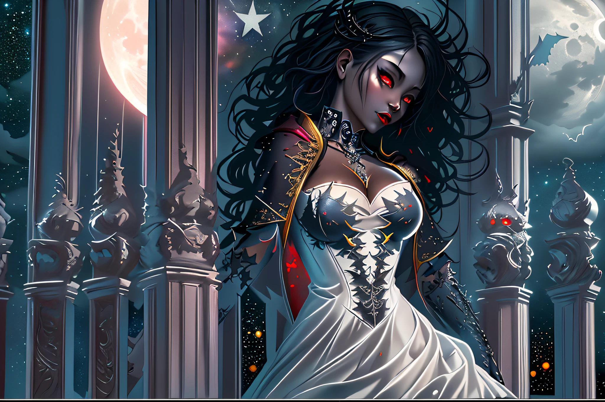 a picture of an exquisite beautiful gothic woman standing under the starry night sky on the porch of her castle, dynamic angle (ultra detailed, Masterpiece, best quality), ultra detailed face (ultra detailed, Masterpiece, best quality), ultra feminine, (black skin: 1.3), black hair, wavy hair, dynamic eyes color, cold eyes, glowing eyes, intense eyes, dark red lips, [fangs: 1.2], wearing white dress (ultra detailed, Masterpiece, best quality), wearing blue cloak (ultra detailed, Masterpiece, best quality), long cloak, flowing cloak (ultra detailed, Masterpiece, best quality), wearing high heeled boots, sky full of stars background, moon, bats flying about, high details, best quality, 8k, [ultra detailed], masterpiece, best quality, (ultra detailed), full body, ultra wide shot, photorealism, dark fantasy art, dark fantasy art, gothic art, many stars, dark fantasy art, gothic art, sense of dread,