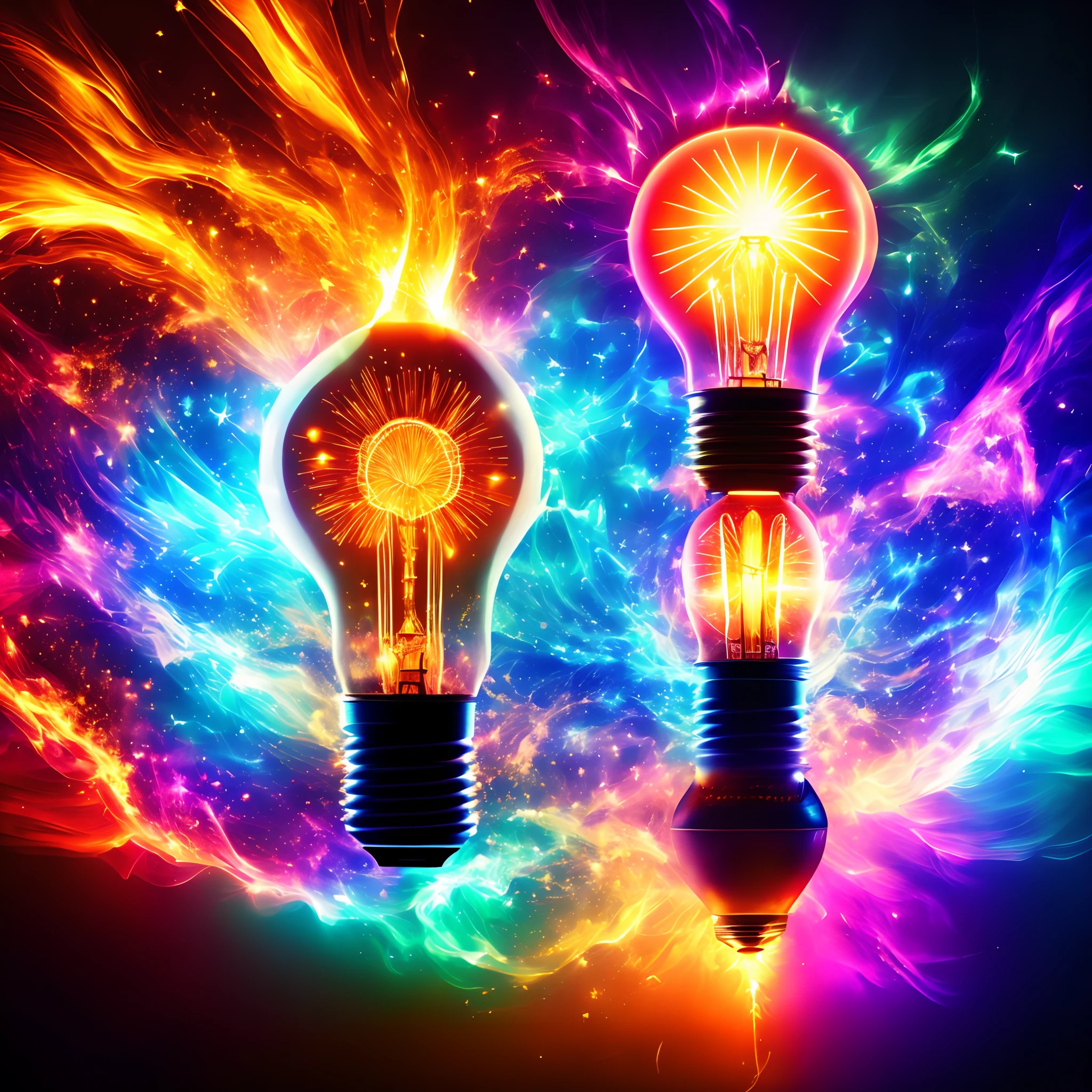 Light bulb, explosion of brilliant light bursts from the light bulb, enlightenment, new idea, vivid colours, epic fantasy, joy