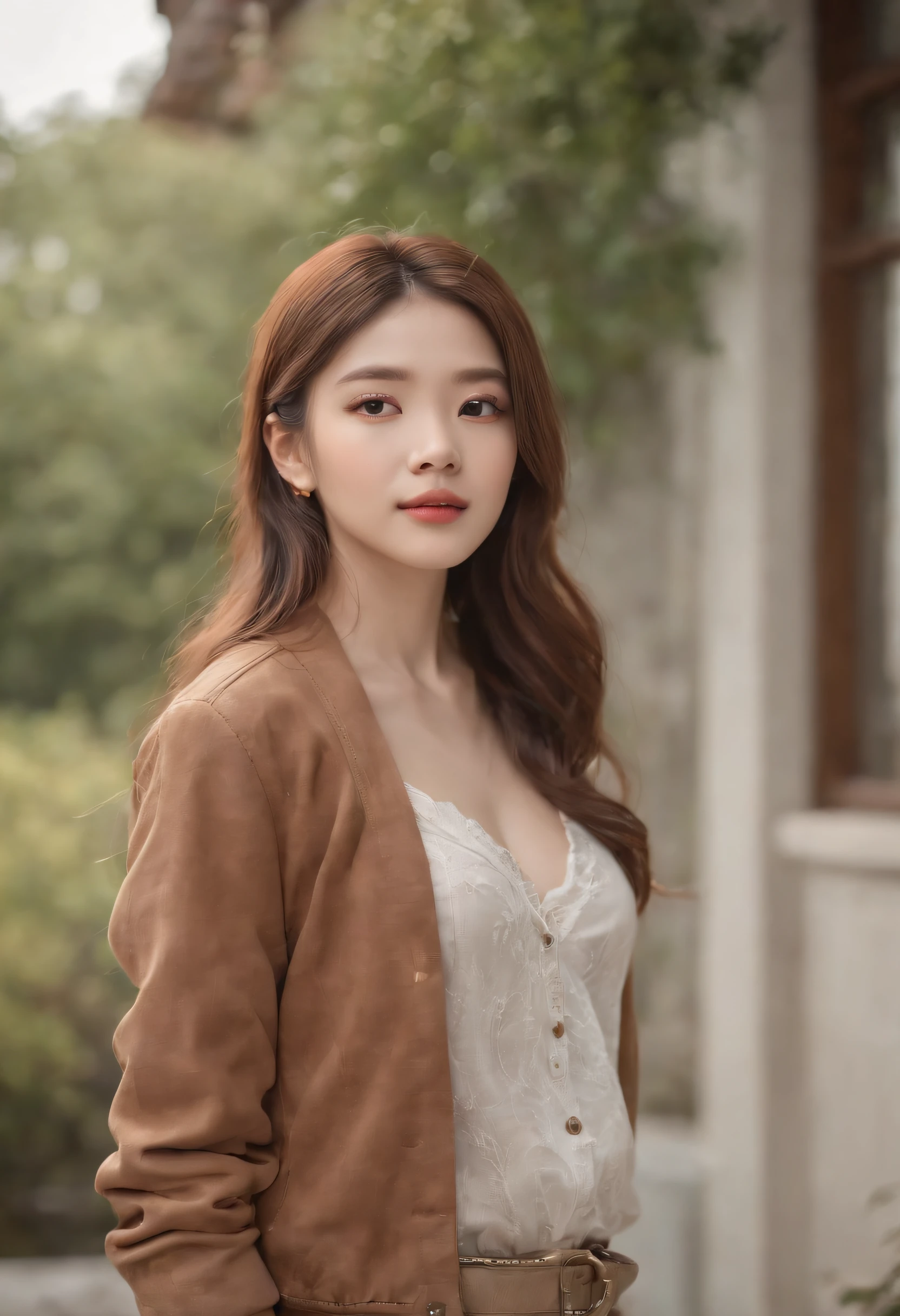 (masterpiece、top-quality)、(photos realistic)、(intricate detailes、A detailed face)、HDR、1girl in、独奏、Cute s、 front-facing view、looking in camera、 Light smile、 various hairstyles、 (Different styles of jacket prints、Top in different styles、Different styles of pants)、 appearance々Earrings、 Variety of necklaces、 appearance々Bracelets、 huge-breasted:0.3、 wide-hips:0.4、