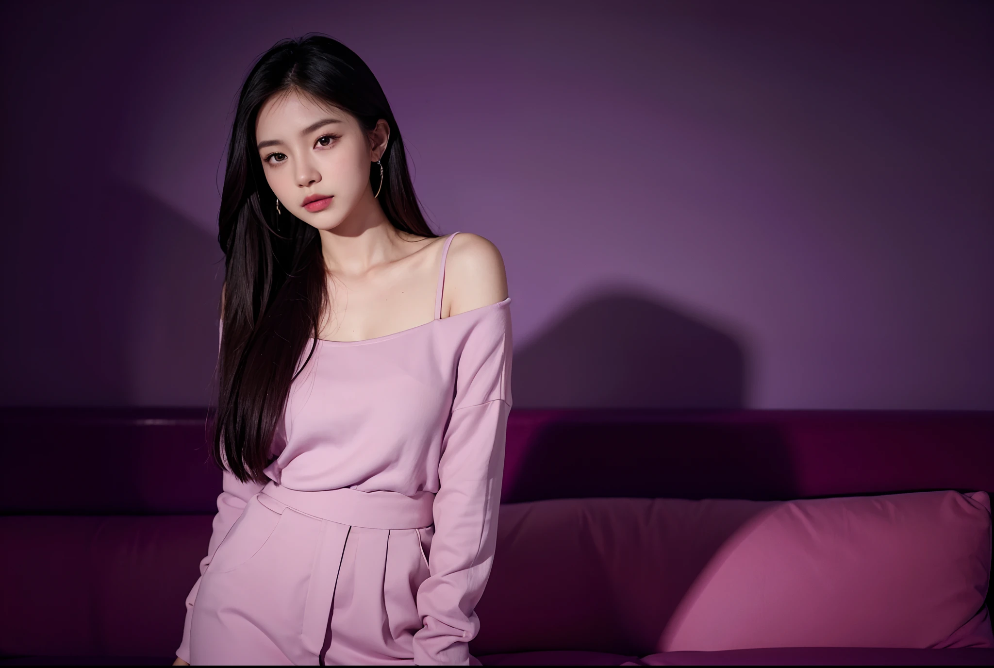 there is a woman that is standing in front of a purple background, cindy avelino, portrait of modern darna, portrait of jossi of blackpink, shot on canon eos r 5, shot on canon eos r5, mid shot portrait, casual pose, portrait image, photoshoot, portrait pose, gemma chen, potrait, a young asian woman