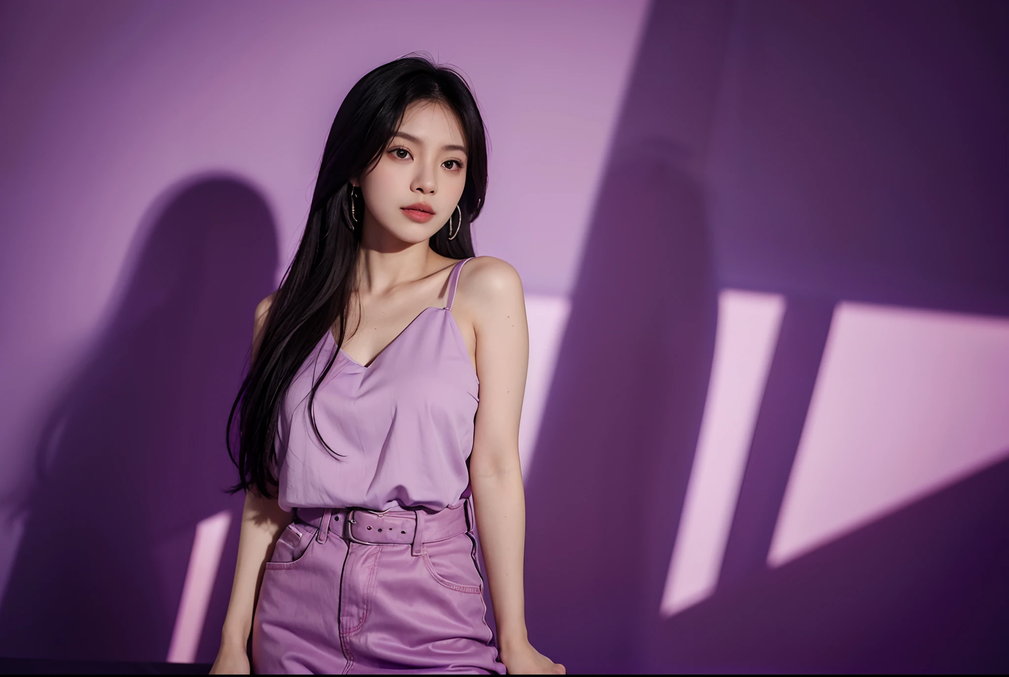 there is a woman that is standing in front of a purple background, cindy avelino, portrait of modern darna, portrait of jossi of blackpink, shot on canon eos r 5, shot on canon eos r5, mid shot portrait, casual pose, portrait image, photoshoot, portrait pose, gemma chen, potrait, a young asian woman