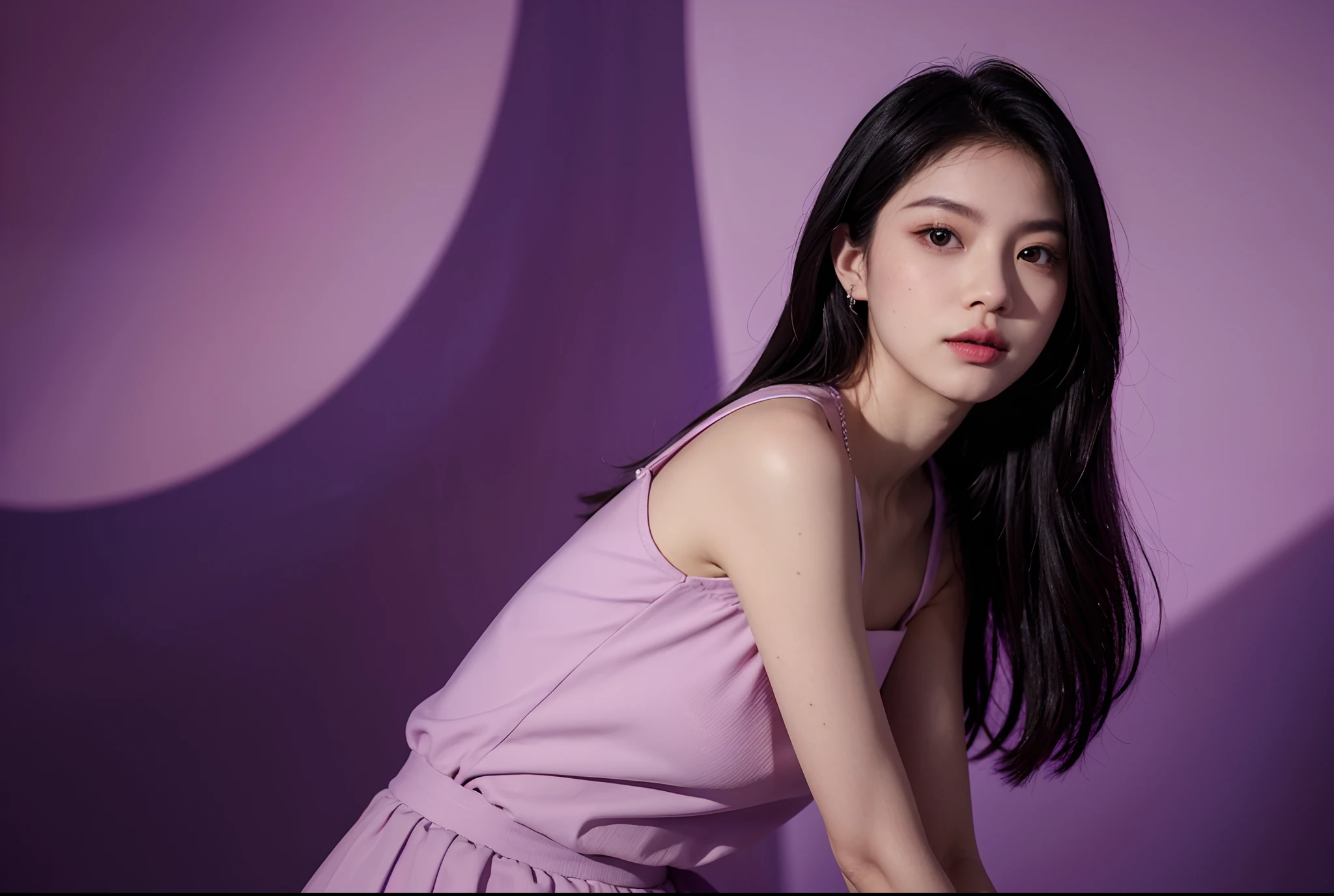 there is a woman that is standing in front of a purple background, cindy avelino, portrait of modern darna, portrait of jossi of blackpink, shot on canon eos r 5, shot on canon eos r5, mid shot portrait, casual pose, portrait image, photoshoot, portrait pose, gemma chen, potrait, a young asian woman