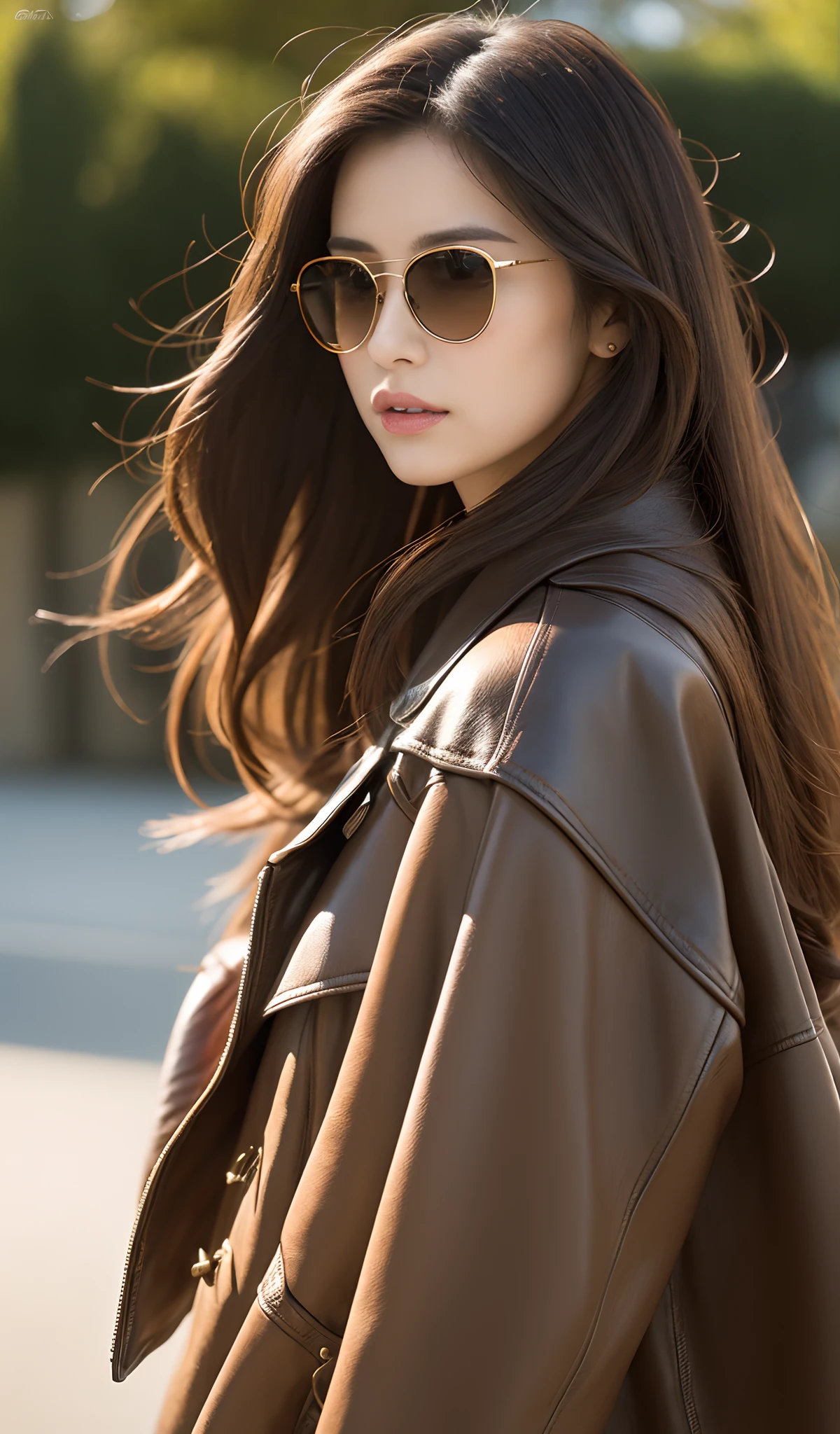 In this top-quality, high-resolution image, we see a photorealistic depiction of a pretty Japanese woman. She is the sole focus of the image, with her brown, long hair flowing beautifully. Her face is hyperdetailed, with meticulous attention given to her skin and lips. She exudes confidence and style, wearing black sunglasses and a black leather jacket over her broad shoulders. A beige muffler adds a touch of elegance to her ensemble, accentuating her long legs clad in denim. She completes the look with black high heels, which enhance her leggy appearance. The woman is seen driving a Harley-Davidson motorcycle by the pool on a sunny day, with natural lighting casting a warm glow on the scene. The image captures every detail, from the intricate hairs on her head to the hyperdetailed features of her face. With its realistic portrayal and masterful execution, this image is truly a work of art.