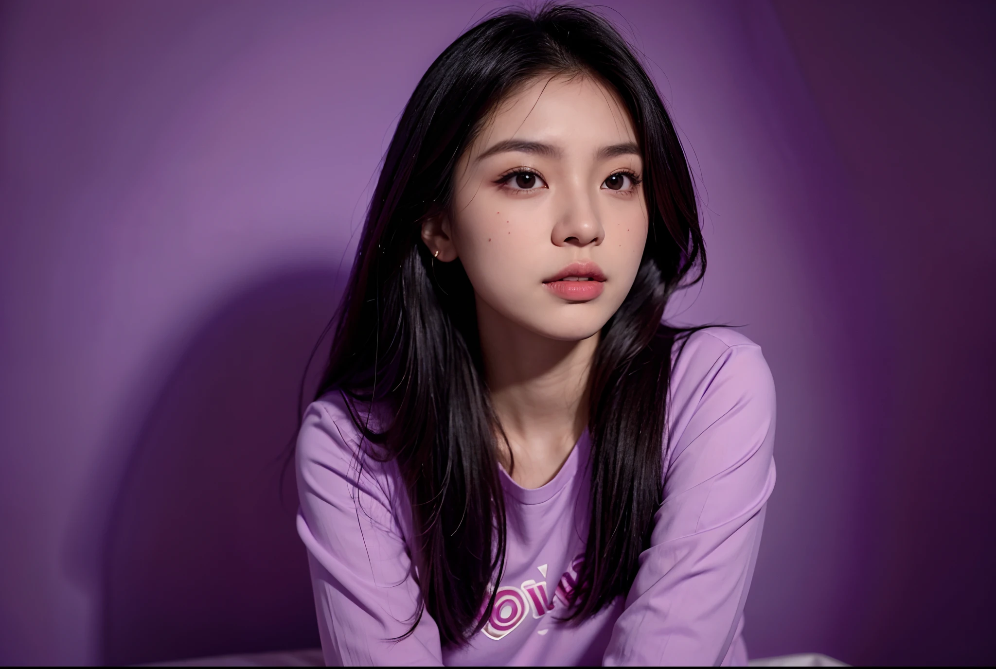there is a woman that is standing in front of a purple background, cindy avelino, portrait of modern darna, portrait of jossi of blackpink, shot on canon eos r 5, shot on canon eos r5, mid shot portrait, casual pose, portrait image, photoshoot, portrait pose, gemma chen, potrait, a young asian woman