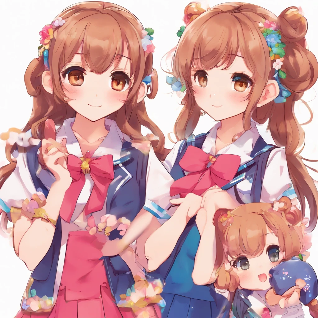 NSFW , Loli, , Yuri, ((brown hair, ponytail, blue eyes)), ((2girls)), large breasts, ((short torso)), ((short body ratio)), ((same character)), twins, ((short)), large and round breasts, round face, twins, thick arms, early 10s, sexy poses, couple, identical twins, sex, mutual sex, big head, round breasts, affectionate with each other, sphere breasts, smiling