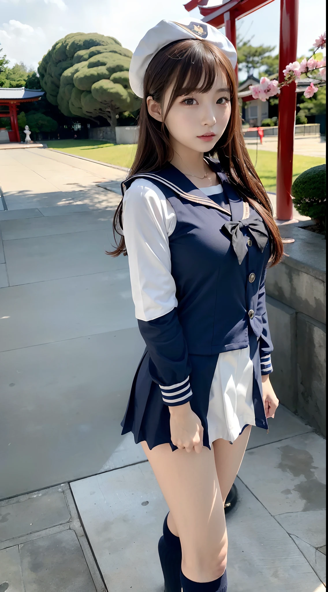 mix4, (16 K, Raw photography, Top image quality, masterpiece: 1.45), (realisitic, Photorealsitic: 1.37), one girls, 7.5, etc、Random hairstyle、Standing figure,Noon time slot、a very cute, Precincts of the shrine,, profetional lighting, photon maping, a park、physically-based renderingt, Gradient dark brown hair,, a handsome, Well-groomed and beautiful eyes、Large double eyelids、Very shiny、girl with, (((student clothes、Long sleeve sailor suit worn by Japan schoolgirl、red cuffs、Dark blue mini skirt, Small gray beret、Dark blue knee-high socks、Black loafers))), Top Quality Photos, hight resolution, 1080p, (clearface), (Detailed face description), (Detailed hand description), (masterpiece), (Exquisite CG)、extreme light and shadows、dishevled hair、master work、abundant detail、(Fine facial features)、(top quality photo)、(masuter piece)、(A detailed eye)、Look in front of you、Fine clavicle、((Slender big))、(((Japan schoolgirl in long-sleeved sailor suit)))、((Ready Idol System))、((Precincts of the shrine、torii gate、Tesuisha、Komainu))、(Shooting from random perspectives)、(((Anyway cute)))、耳Nipple Ring、A big smile、Drawing the whole body from the knees、Do not draw nasolabial folds、(((Long-sleeved sailor suit)))、(Big breasts that hang down big:1.2)、Big buttocks with tension、Two arms and two legs、(((from the front side:0.7)))、bare hand、No mask、