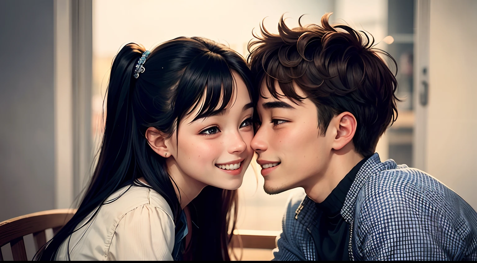 A photo of a young couple looking into each other's eyes. The boy is shy and awkward, and the girl is popular and outgoing. They are both smiling and look happy.