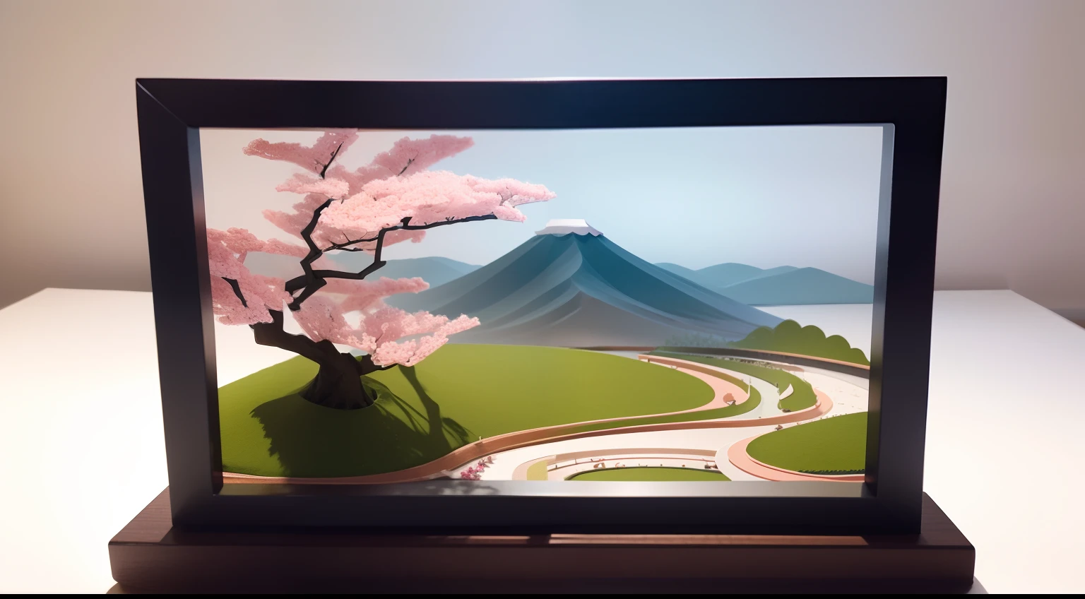 Paper Craft Semi-Three-Dimensional Landscape with Japan Cherry Blossoms