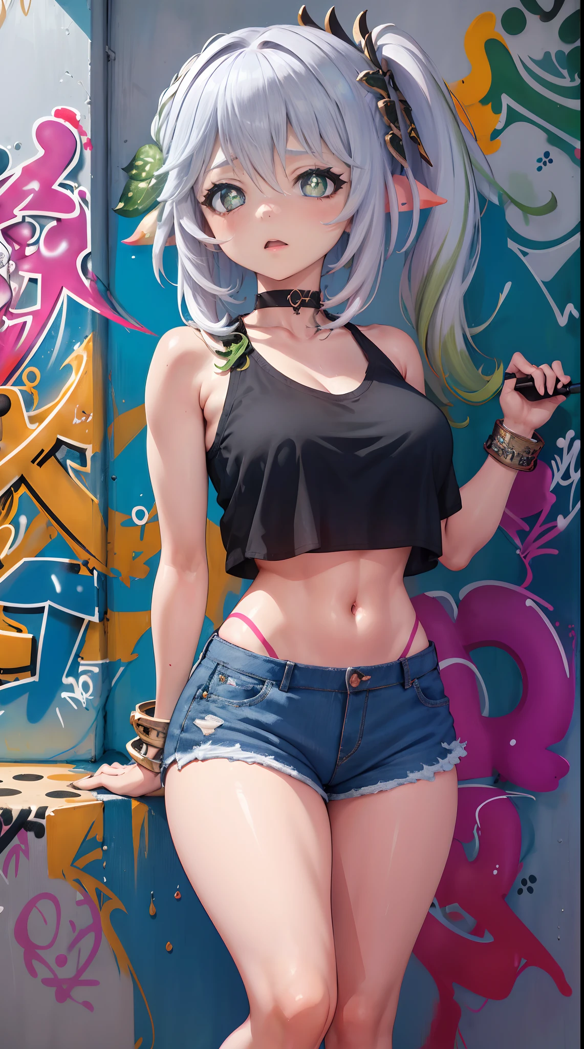 Nahida Genshin effect, masterpiece, bestquality, 1girls, bara, crop top, shorts jeans, choker, (Graffiti:1.5), Splash color into letters"Kujou Sara",  arm behind back, against wall, looking at the audience, bracelet, Thigh strap, Paint on the body.........................., Head tilt, bored, multicolored hair, water eyes, headset,