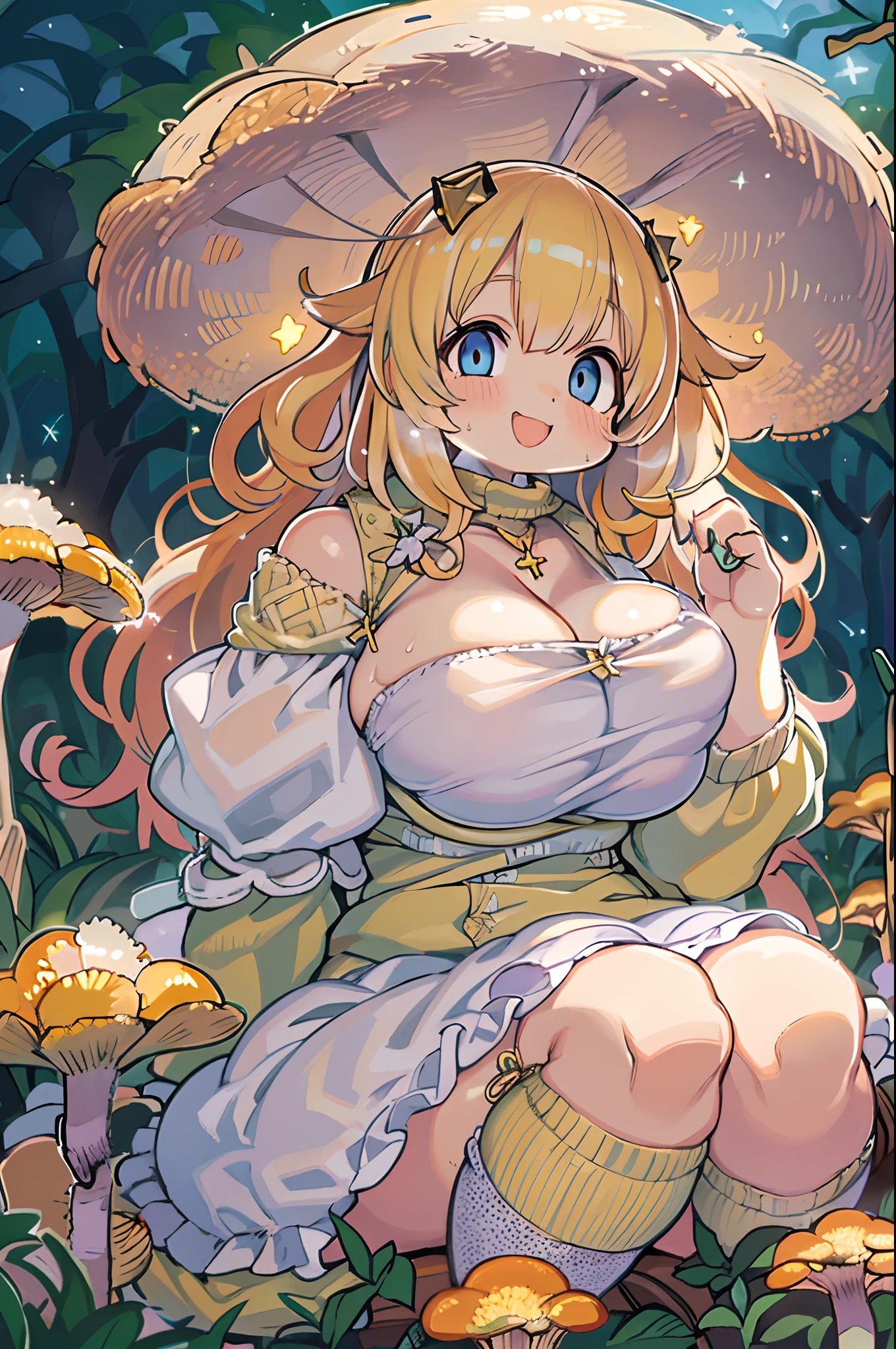 Anime girl with bright blonde hair with pale blue-violet eyes wearing a pink off-shoulder puffy sleeve dress and knee-length white boots is、Sitting in the forest next to orange mushrooms surrounded by fireflies under the stars ,huge-breasted、(((bbw))),Large Thigh,A big smile