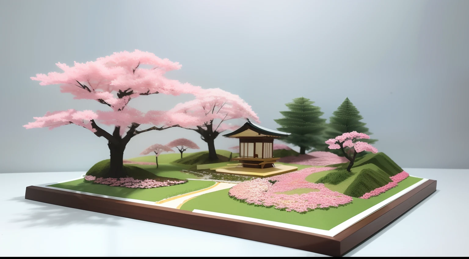 Paper Craft Semi-Three-Dimensional Landscape with Japan Cherry Blossoms