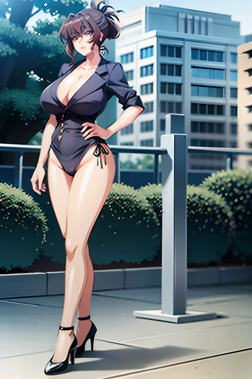 Kitagawa Utamuro style, anime visual of a young woman,(Masterpiece), (Best quality), (Ultra detailed) Focus on the face Delicate and beautiful face High ponytail.stiletto,城市,Outdoors,Stand up,long leges,Mature woman,Big breasts wife,Married Woman,Mature woman,office  lady,(Masterpiece), (Best quality), (Ultra detailed),(Disheveled hair),huge tit,Stiletto heels,Slender and tall,Exquisite details