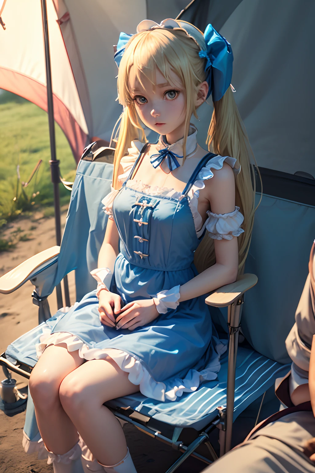 CG Digital Rendering,((Cute 3D Anime Slender Girl Rendering)),((With blue cocktail)),(((shores))),(((One girl with long blonde twin tails sitting on a camping chair))),(((Cheek cane))),((Blue color maid clothes)),Watching a distant audience,(((Bright lighting)))
