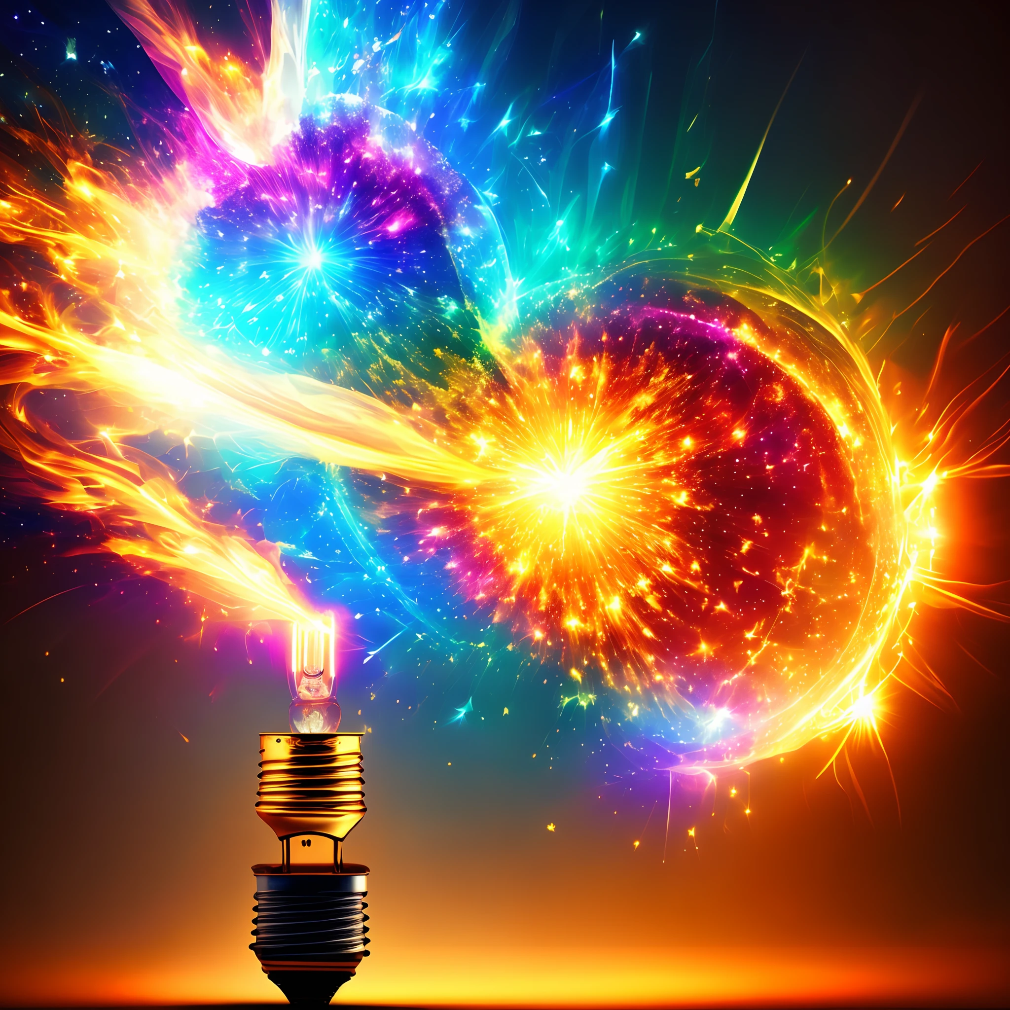 Light bulb, explosion of brilliant light bursts from the light bulb, enlightenment, new idea, vivid colours, epic fantasy, joy