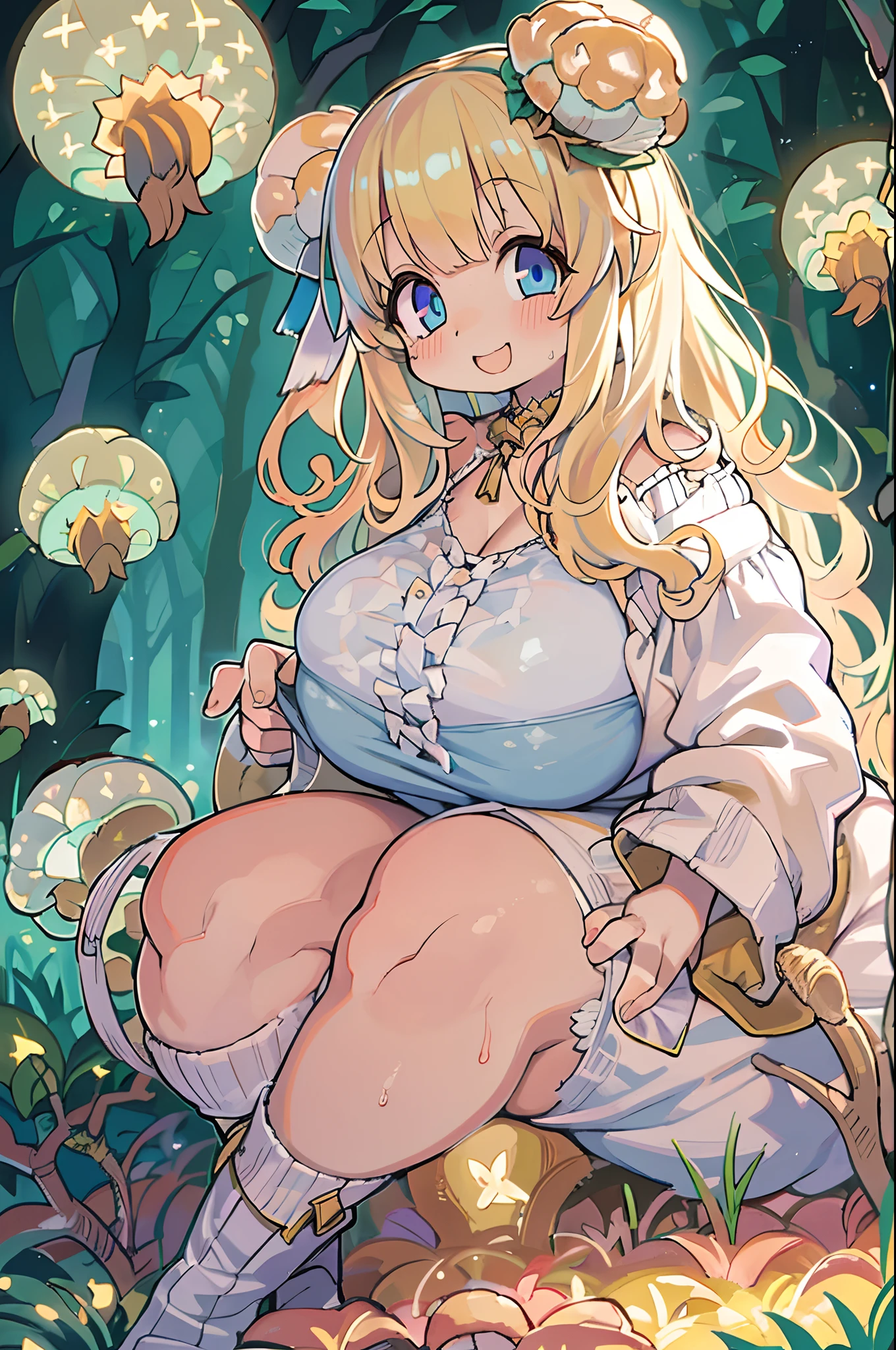Anime girl with bright blonde hair with pale blue-violet eyes wearing a pink off-shoulder puffy sleeve dress and knee-length white boots is、Sitting in the forest next to orange mushrooms surrounded by fireflies under the stars ,huge-breasted、(((bbw))),Large Thigh,A big smile