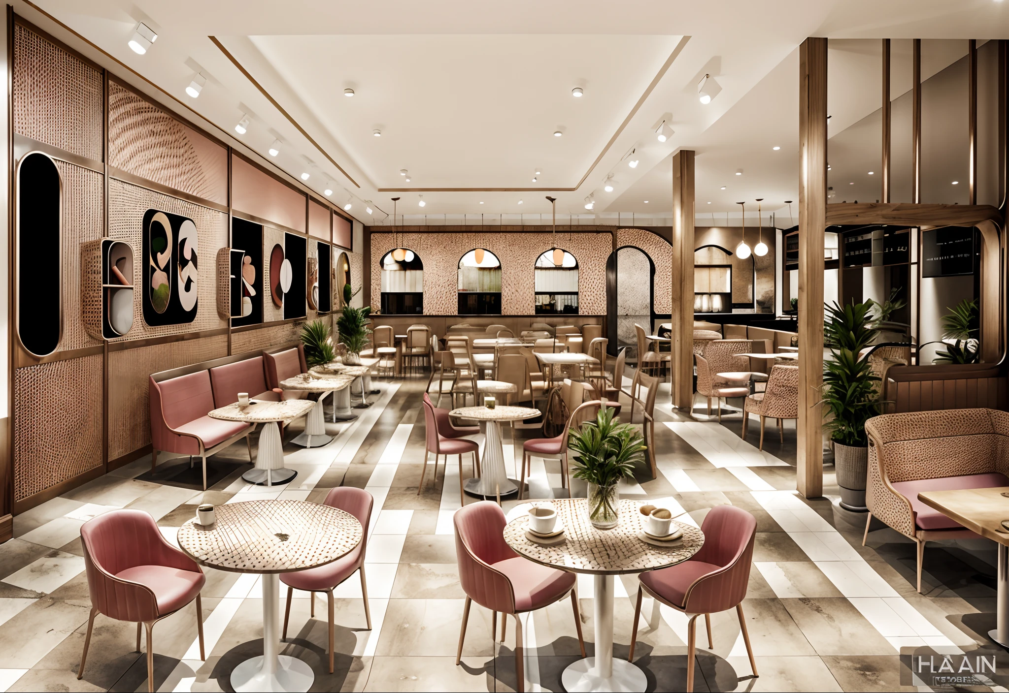 , masterpiece, coffee space, interior design, coffe space,, ((hyper detail :1.3))), cafe interior space with many tables and chairs, details of a cafe, inside a french cafe, cozy cafe background, cafe interior, in a bright cafe, table coffee, starbucks interior illustration, pink , glossy flat floor