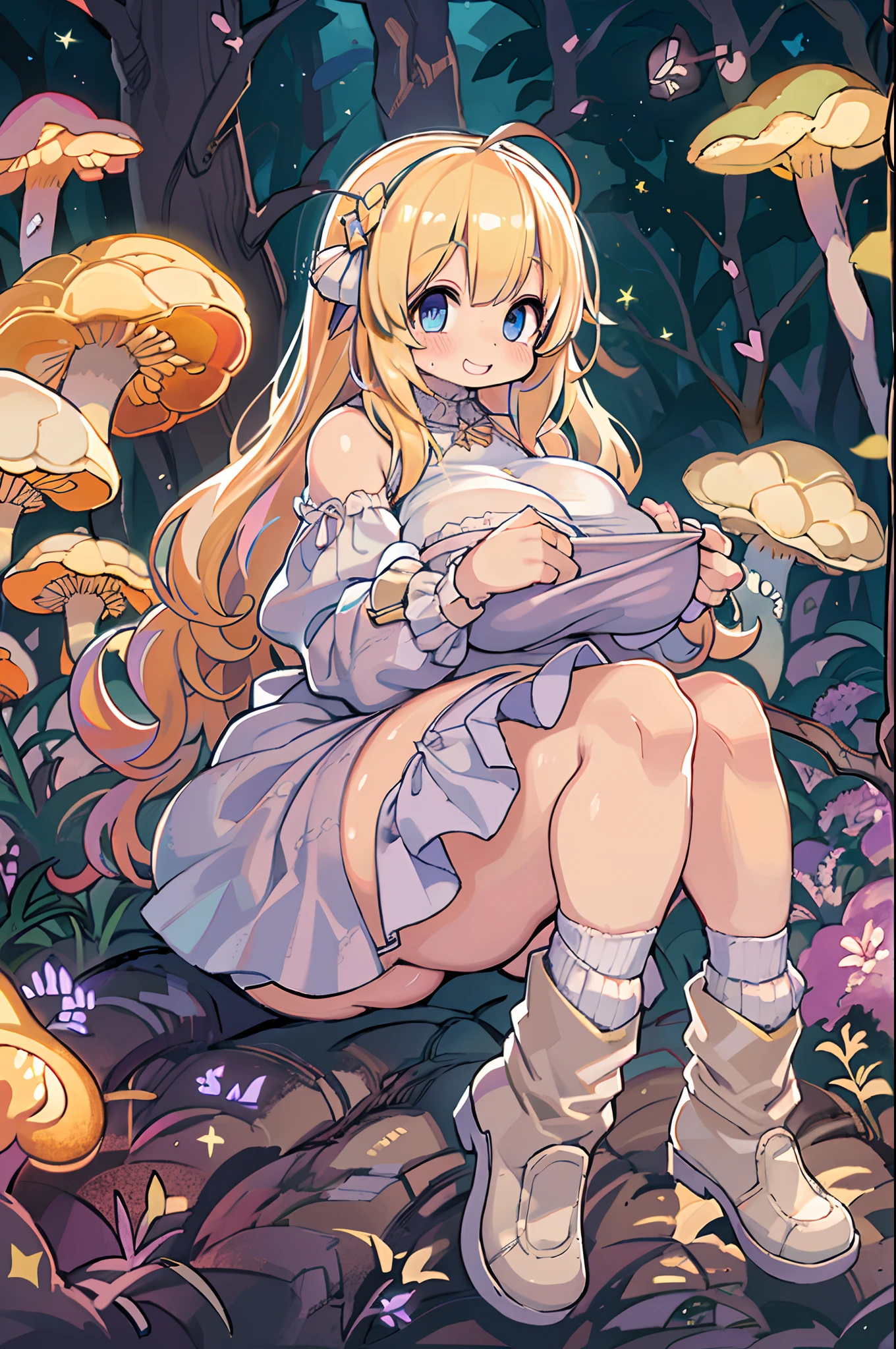 Anime girl with bright blonde hair with pale blue-violet eyes wearing a pink off-shoulder puffy sleeve dress and knee-length white boots is、Sitting in the forest next to orange mushrooms surrounded by fireflies under the stars ,huge-breasted、(((bbw))),Large Thigh,A big smile