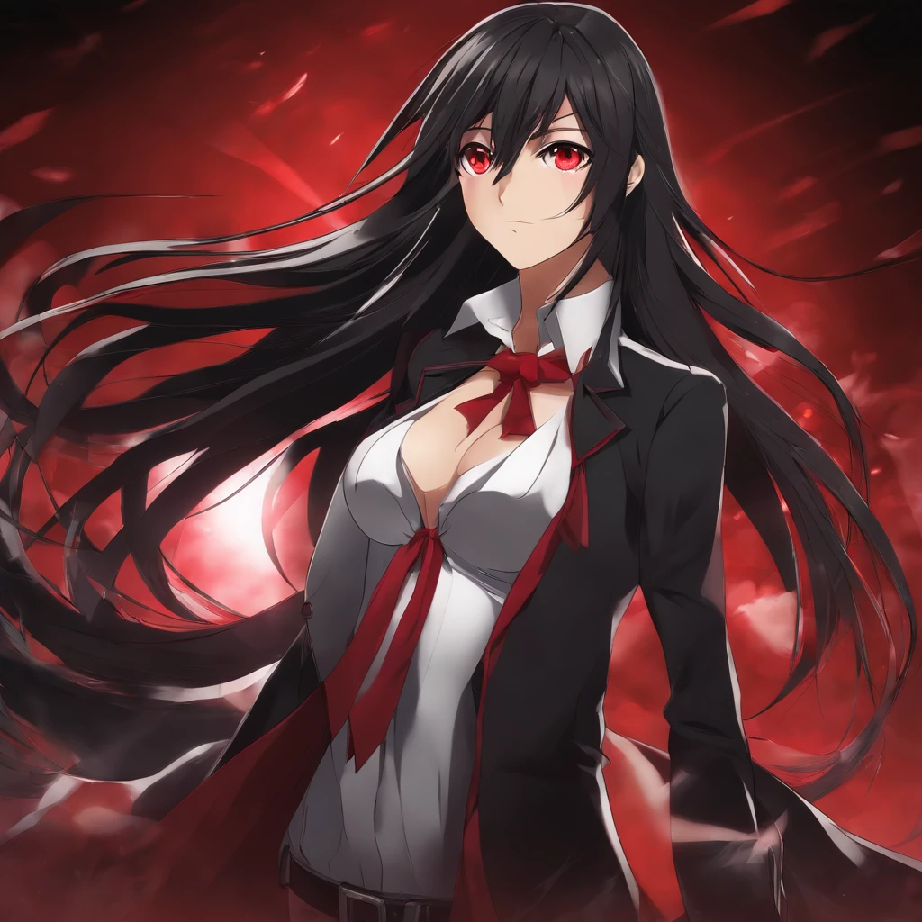 masterpiece, best quality, akame (akame ga kill!), full body, 1girl, solo, long hair, black hair, red eyes, necktie, very long hair, looking at viewer, gloves, breasts