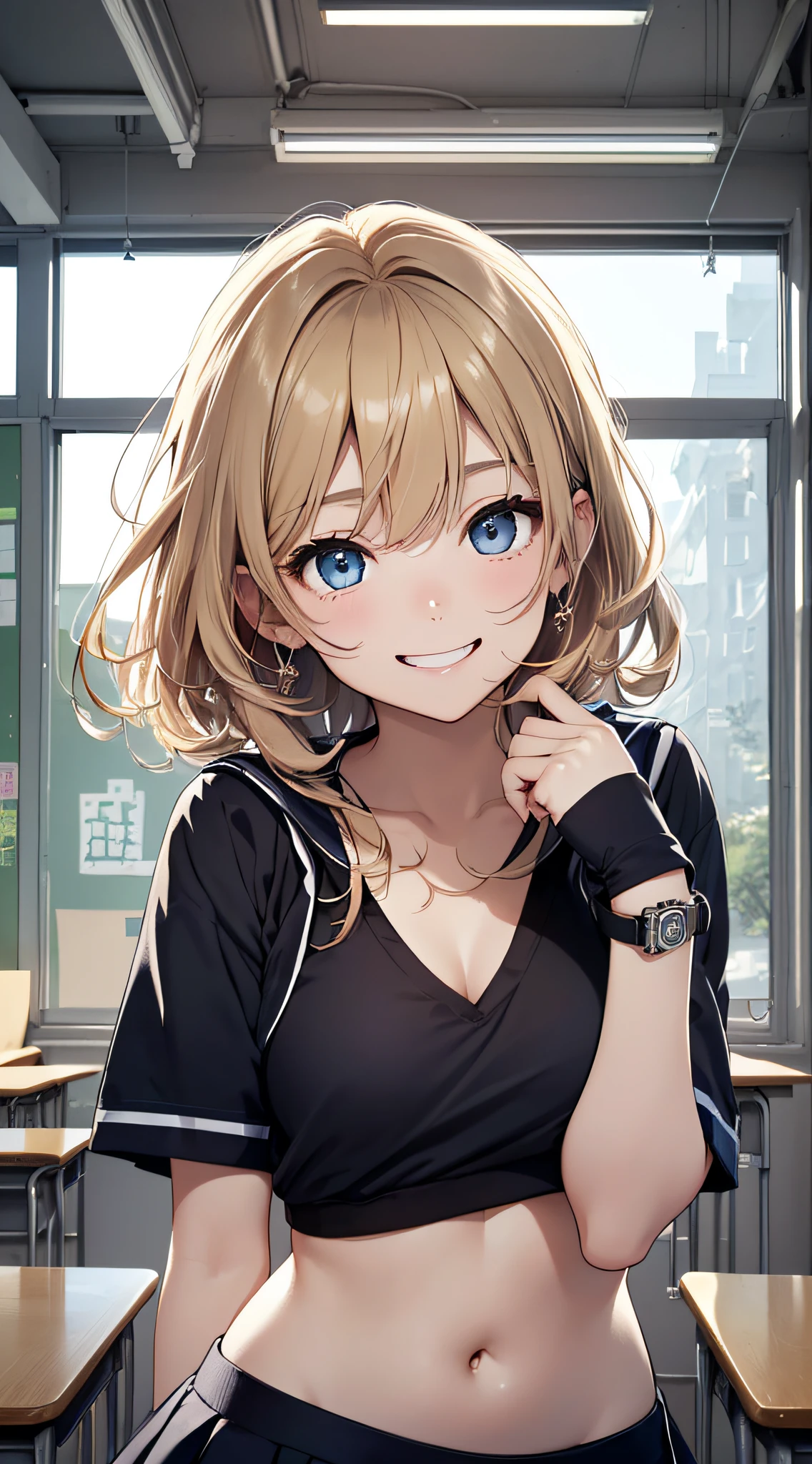 top-quality、Top image quality、​masterpiece、girl with((18year old、Sailor suit with short sleeves、Black Sports Bra、Blue short skirt、Best Bust、Bust 85、a blond、Longhaire、Blue eyes、open chest wide、Happiness、Black wristband on wrist、A slender、A smile、Sexy Shots、耳Nipple Ring)）hiquality、visualart、magazine、Background with((Morning School、‎Classroom))、masutepiece、