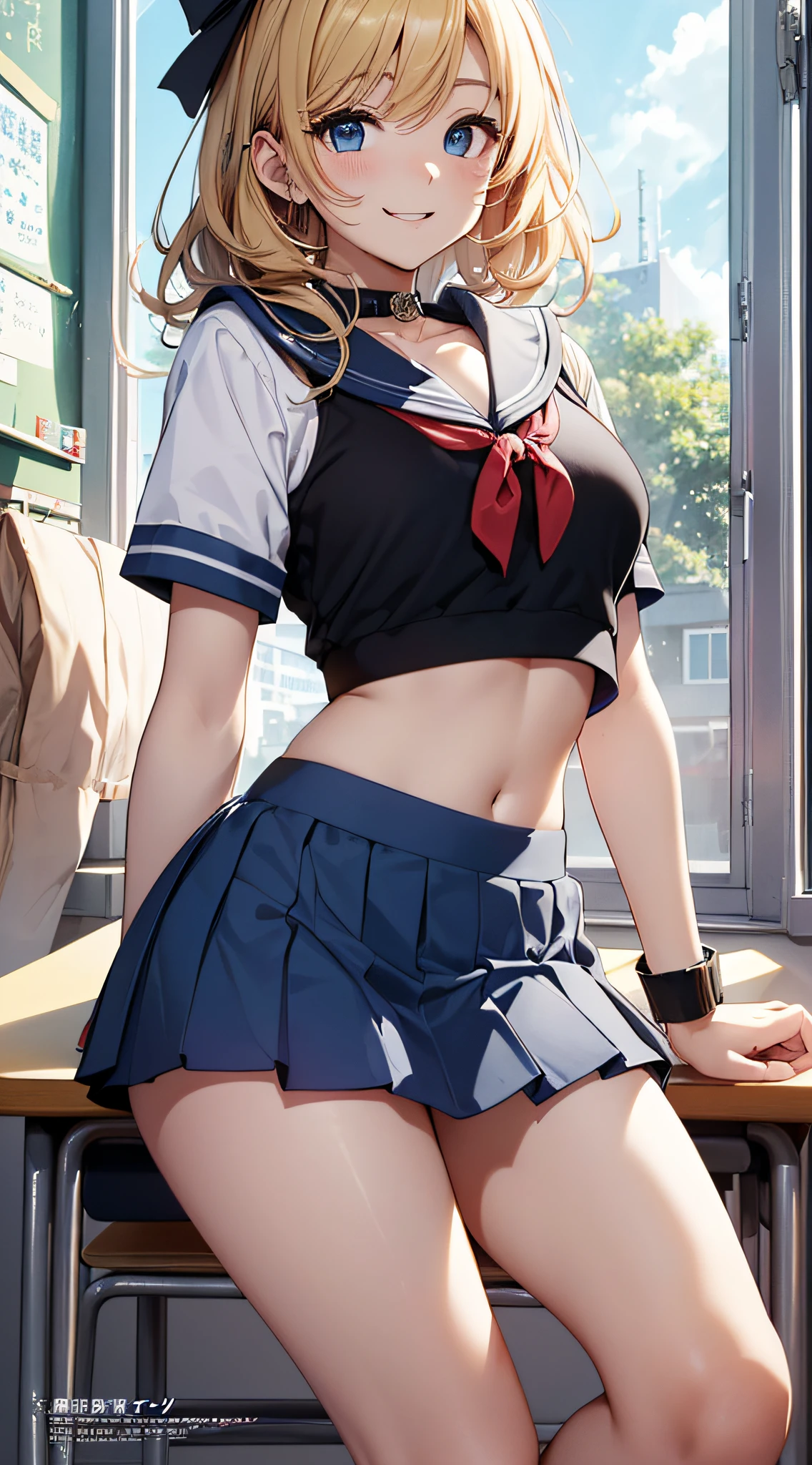 top-quality、Top image quality、​masterpiece、girl with((18year old、Sailor suit with short sleeves、Black Sports Bra、Blue short skirt、Best Bust、Bust 85、a blond、Longhaire、Blue eyes、open chest wide、Happiness、Black wristband on wrist、A slender、A smile、Sexy Shots、耳Nipple Ring)）hiquality、visualart、magazine、Background with((Morning School、‎Classroom))、masutepiece、