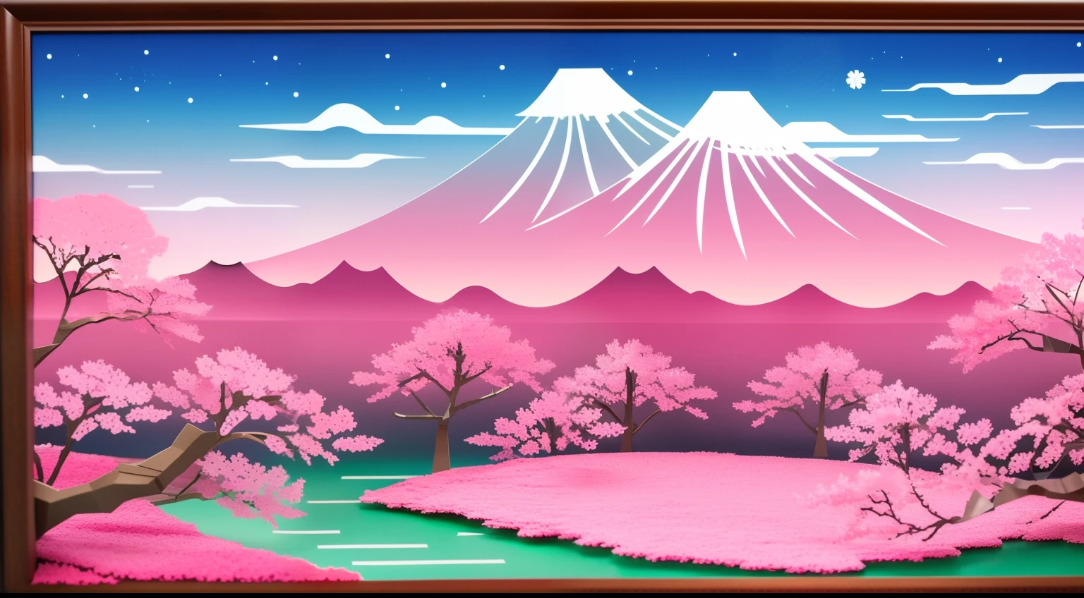 Paper Craft Semi-Three-Dimensional Landscape with Japan Cherry Blossoms