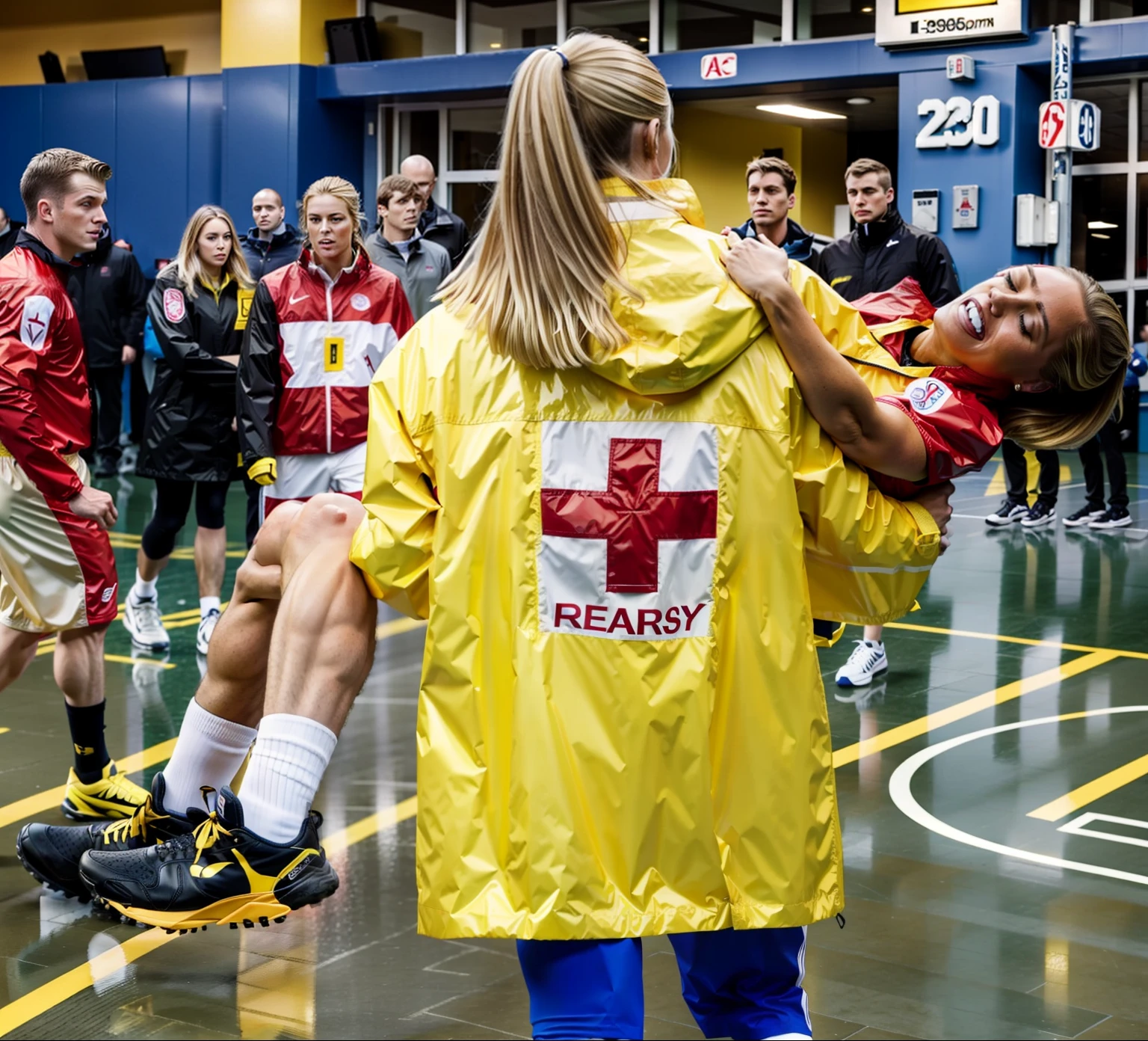 a glossy yellow laquered red-crossjacket, a laquered yellow red-cross-rain-jacket, a shiny yellow uniform-jacket, a high shine yellow plastic ,coat, a yellow friesennerz, in the center of the picture stands with her back to us a blonde young woman in a very shiny yellow coat, the woman in the yellow raincoat stands on the playing field of a crowded sports hall, the woman in the shiny yello rain coat turns her back to us and is holding a man in front of her in short and very dull sportswear in her arms, the blonde woman in the raincoat carries an injured athlete away from us, to the left of the blonde woman's back you can see the athlete's male legs hanging over the woman's arm, to the right of the blonde woman's back you can see In profile you can see the upper body and head of the injured man whose gaze is distorted in pain and directed upwards towards the ceiling, the athlete's husband on the right grabs the blonde woman's shoulder with his arm, very painful scene, sports injury, severe pain, a woman is carrying one man on the arm, a man is injured and has to be carried, compassion, photo, ultra-realistic shot, sports photography