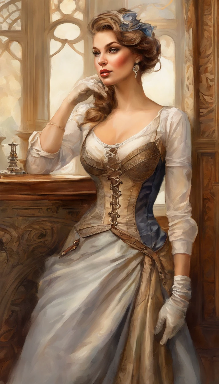 photo of (( )), wearing elegant dress steampunk items, modern day in Paris , intricate, elegant, highly detailed, digital painting, artstation, concept art, smooth, sharp focus, illu0.8ation, art by artgerm and greg rutkowski and alphonse mucha