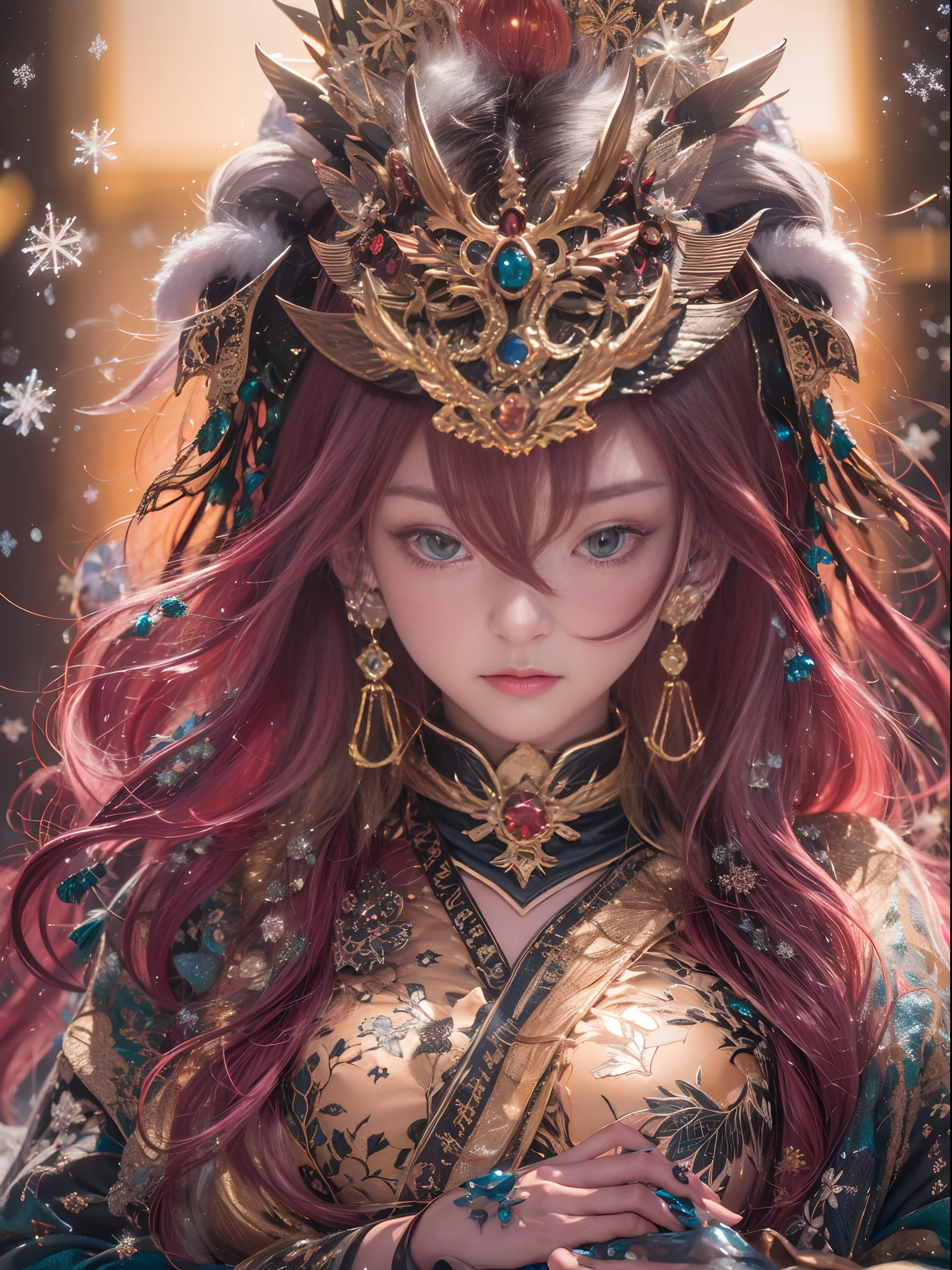 Flame Girl, Yao Lang protector, Chinese girl, flowing hair, burgundy hair, Onsen District, python pattern robe, Black gold master Kawashima work headdress, gradient glass texture, ultra-realistic, (masterpiece, hyper HD, 32K), Snowflakes fluttering, high resolution, detailed, RAW photograph, Nikon D850 Film Stock Photo by Jefferies Lee 4 Kodak Portra 400 Camera F1.6 shots, cinestill 800 film, Rich colors, vivid textures, Dramatic lighting, Unreal Engine, trending on ArtStation
