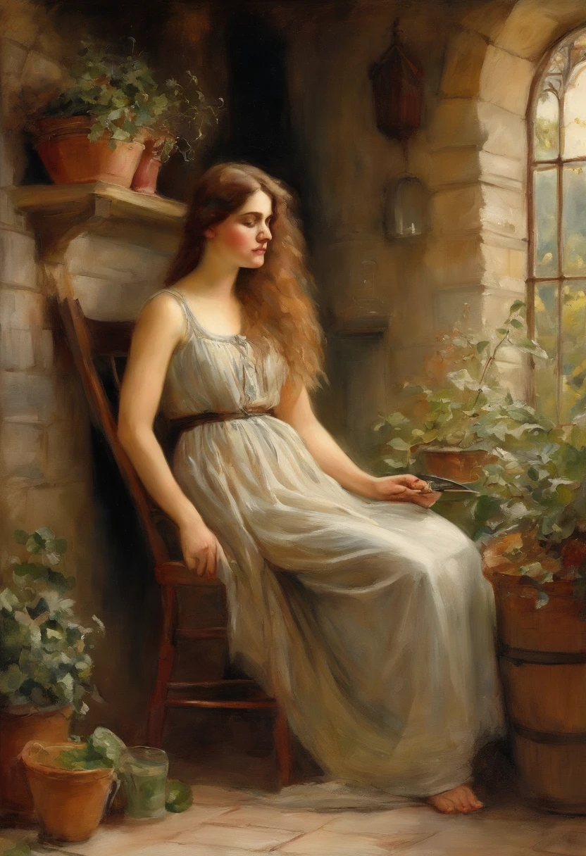 william waterhouse style painting, young maiden, long brown curly hair, {sitting in a rocking chair}, {wavy wild hair}, {holding a can of desperados} smoking a ciggerette} breast feeding twin babys with husband in the background, {barn house} {pot plants in the background}