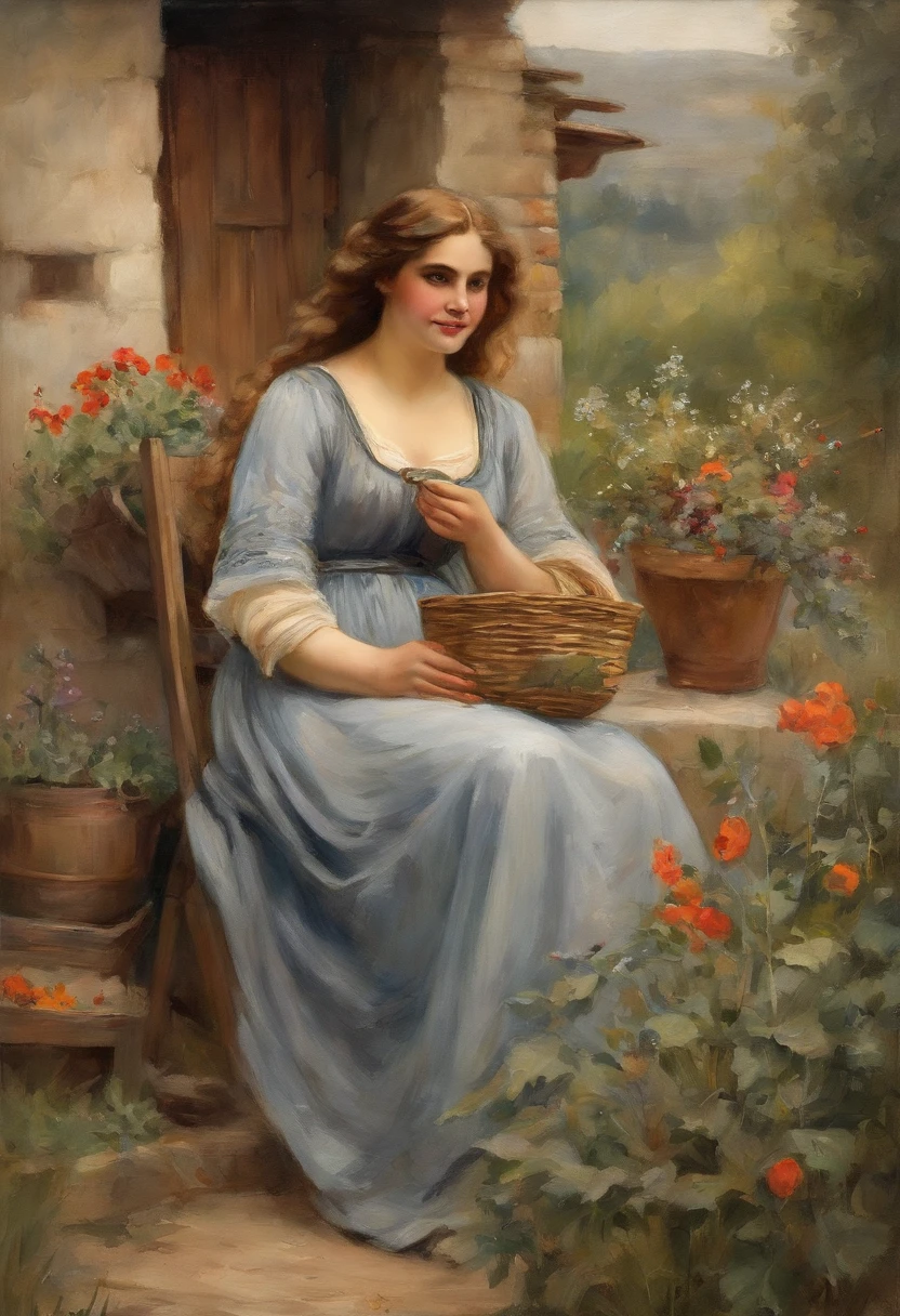 william waterhouse style painting, young maiden, long brown curly hair, {sitting in a rocking chair}, {wavy wild hair}, {holding a can of desperados} smoking a ciggerette} breast feeding twin babys with husband in the background, {barn house} {pot plants in the background}