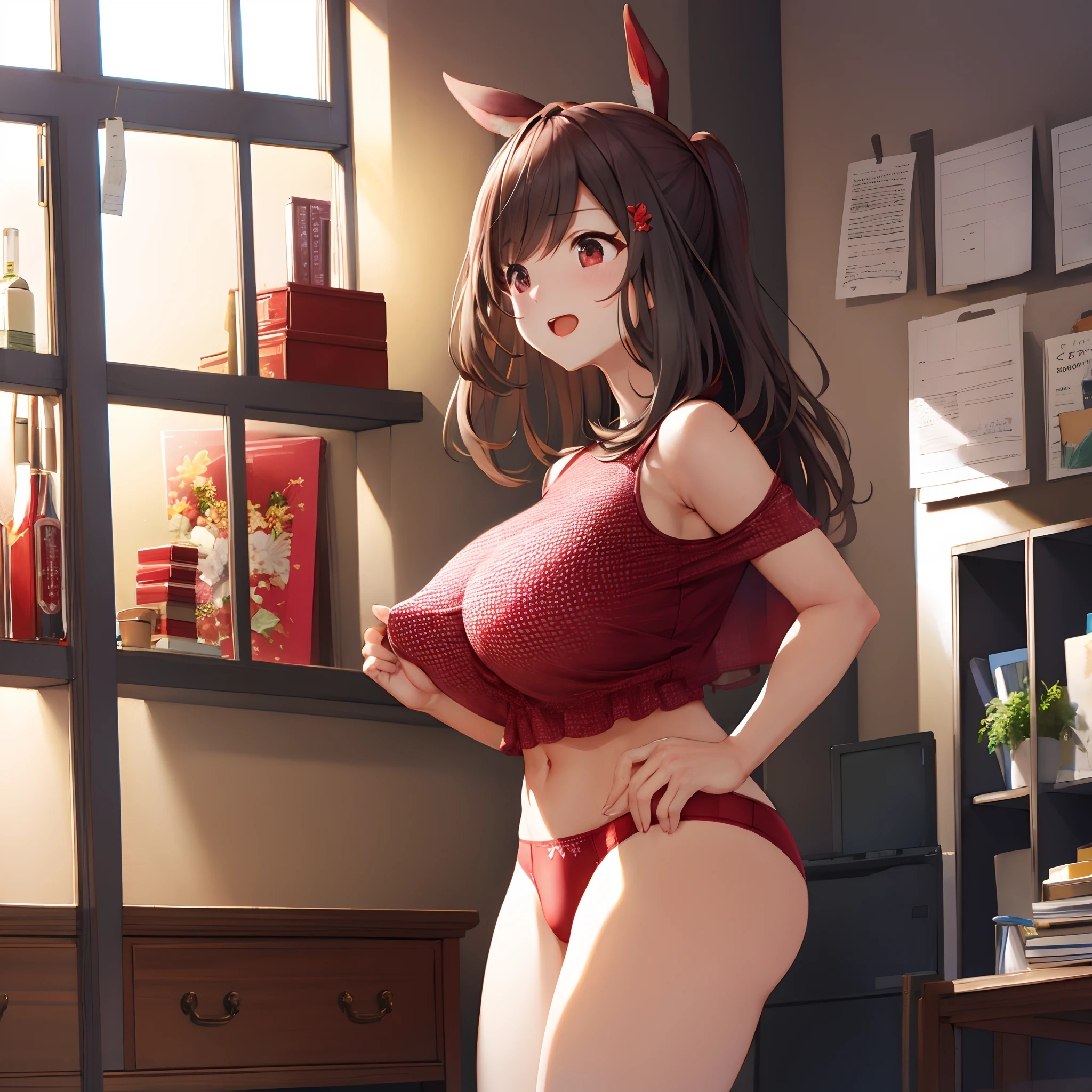 Red underwear、a room、huge tit