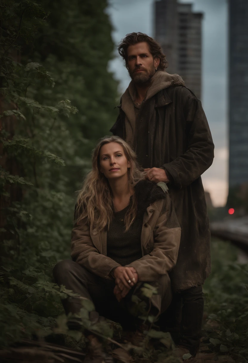 set in a sinister polluted future, (medium shot portrait of a couple wearing weathered homeless, dirty damaged clothing:1.4),(in a cityscape overgrown abandoned city), twilight, post apocalyptic, sharp focus, skyscrapers,(reclaimed by nature) ,iso100, street photography, extremely detailed, modelshoot, (kc16-1000-sd1-5:0.8), contest winner,thematic background, (extremely detailed CG unity 8k wallpaper)