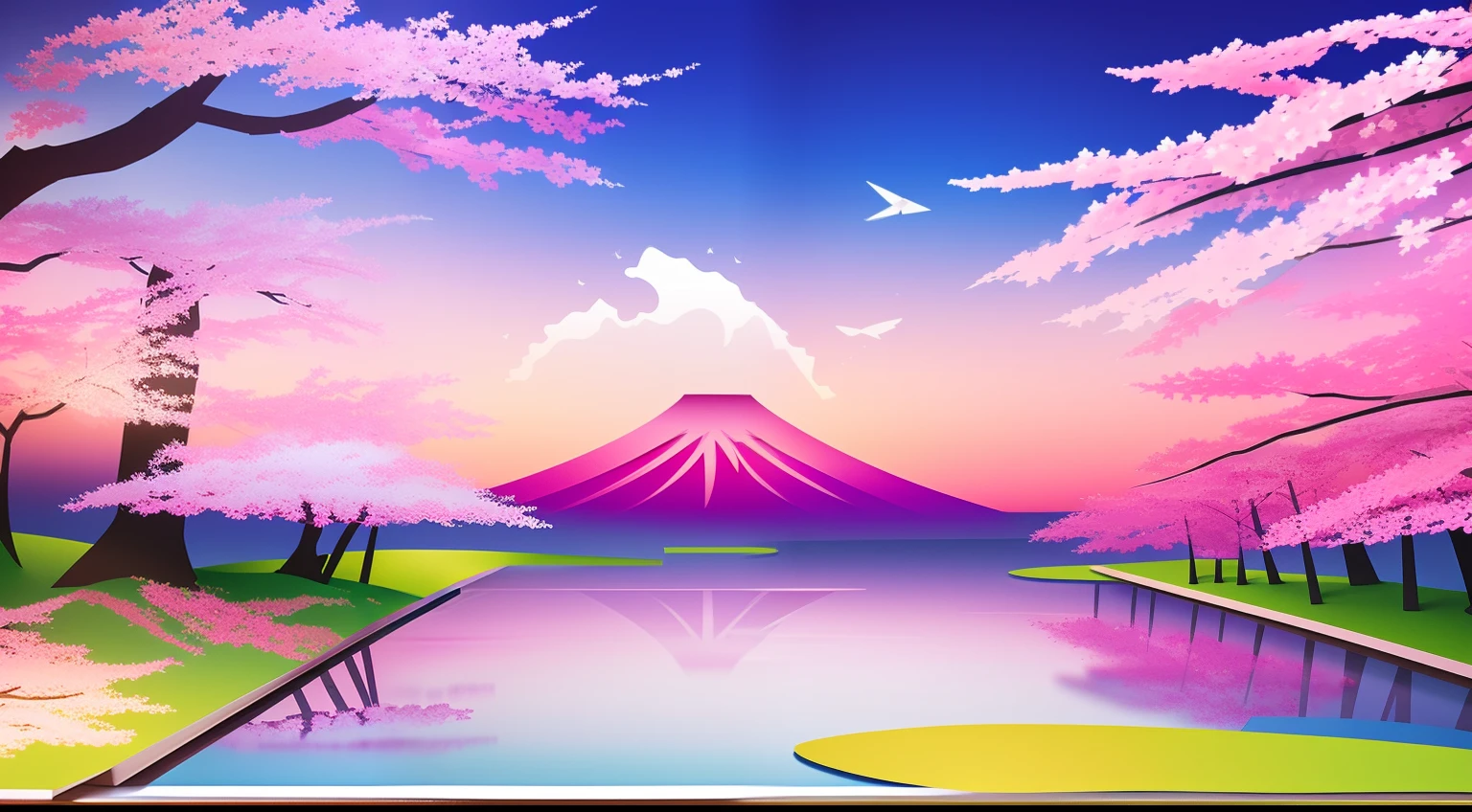 Paper Craft Semi-Three-Dimensional Landscape with Japan Cherry Blossoms