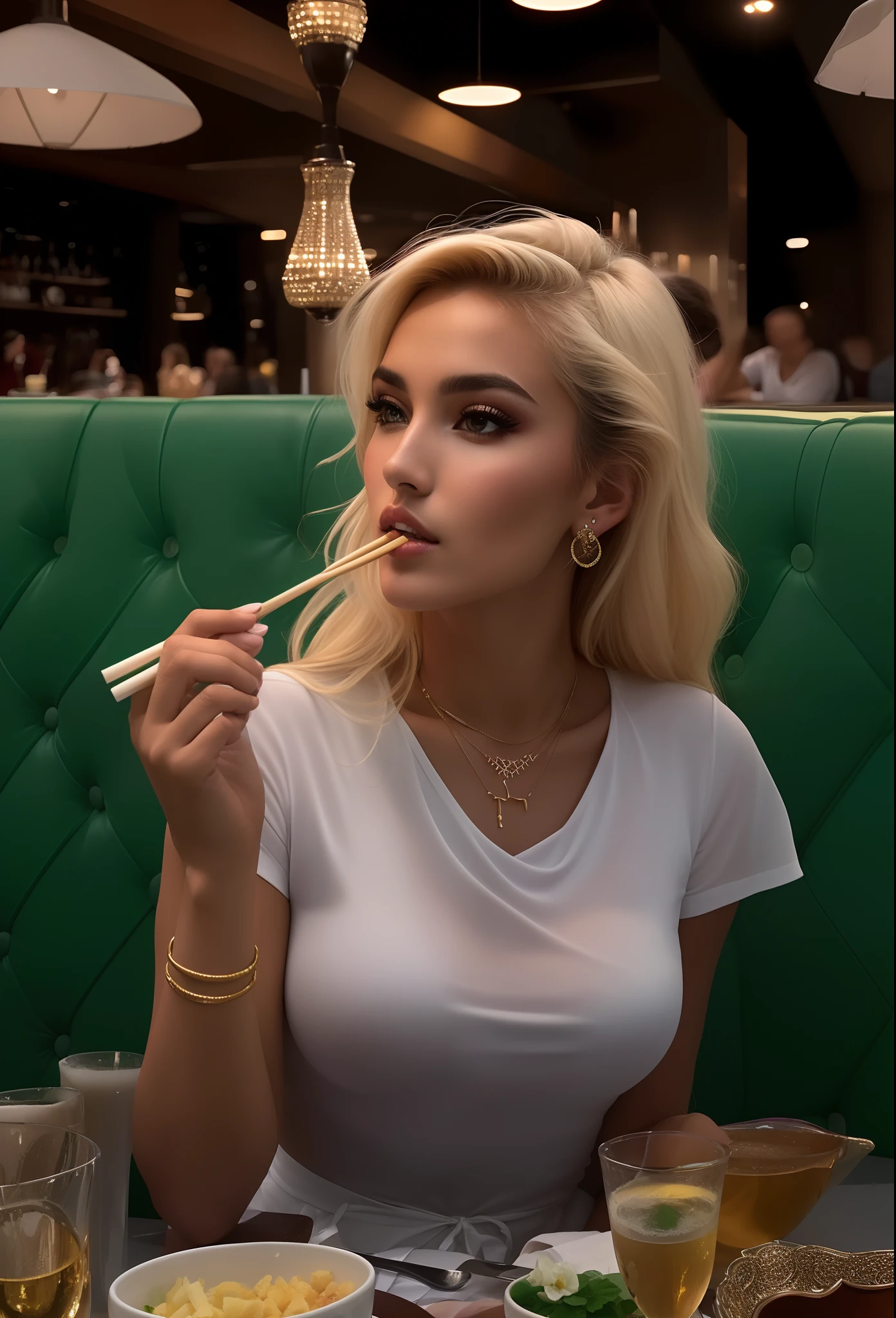 mulher linda, Supermodelo brasileira, brasileiro, na copa do mundo, fernanda suarez, Caroline Gariba, Ana de Armas, colombiano, Malika Favre, linda senhora, julia sarda, 🇺🇦, Parece Fabiula Nascimento, Dua Lipa, Beautiful blonde Mexican woman eating a meal in a restaurant with chopsticks in her mouth, fotografia realista, fotografia, obra-prima, realista, Realismo, renderizado, Alto contraste, Arte Digital, fotográficorealista, trend in Artstation 8k HD, high definiton, circunstanciado, Realistic, detalhada, textura da pele, hiperdetalhada, Textura realista da pele, melhor qualidade, ultra high-resolution, (fotografia realista: 1.4), alta resolução, detalhada, fotografia crua, sharp resolution, Nikon D850 filmes, fotografia de stock 4, Kodak Portra 400 Camera F1 Lens.6, textura hiper realista, lighting dramatic, Unrealistic trend in Artstation Cinestill 800, ...RAW.