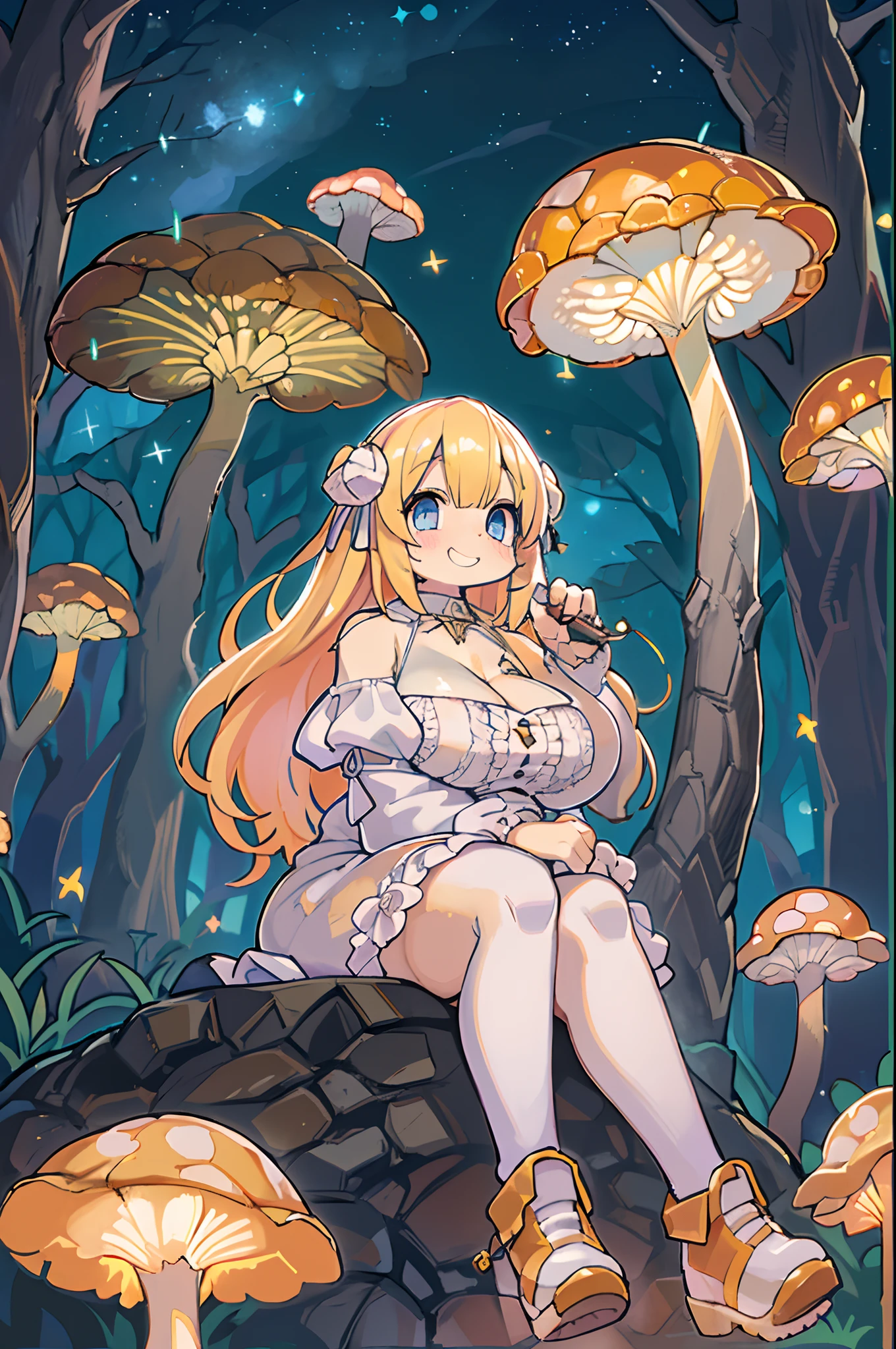 Anime girl with bright blonde hair with pale blue-violet eyes wearing a pink off-shoulder puffy sleeve dress and knee-length white boots is、Sitting in the forest next to orange mushrooms surrounded by fireflies under the stars ,huge-breasted、(((bbw))),Large Thigh,A big smile